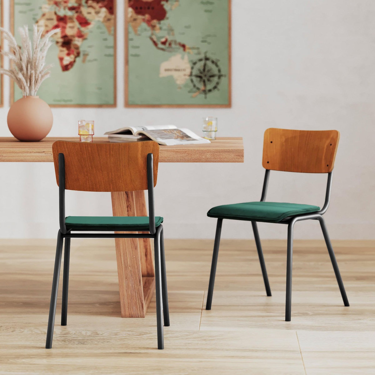Rendez vous déco Lot de 2 chaises en bois foncé et velours vert - Nico
