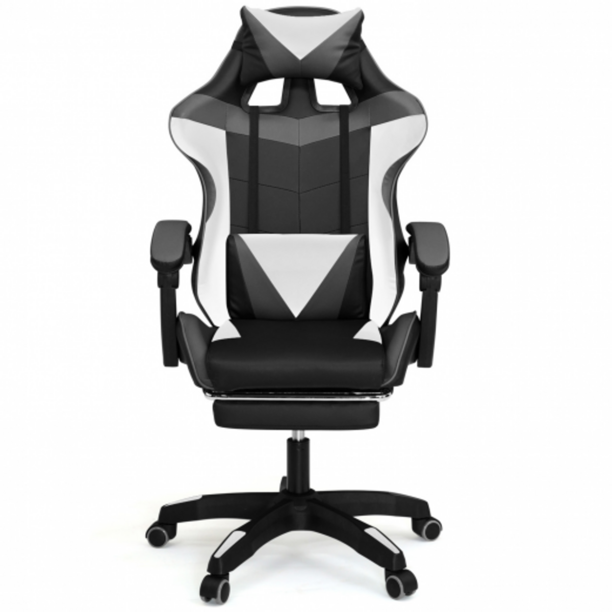 ID MARKET Fauteuil de gaming ALEX réglable avec repose-pied, coussin de tête et coussin lombaire noir blanc et gris