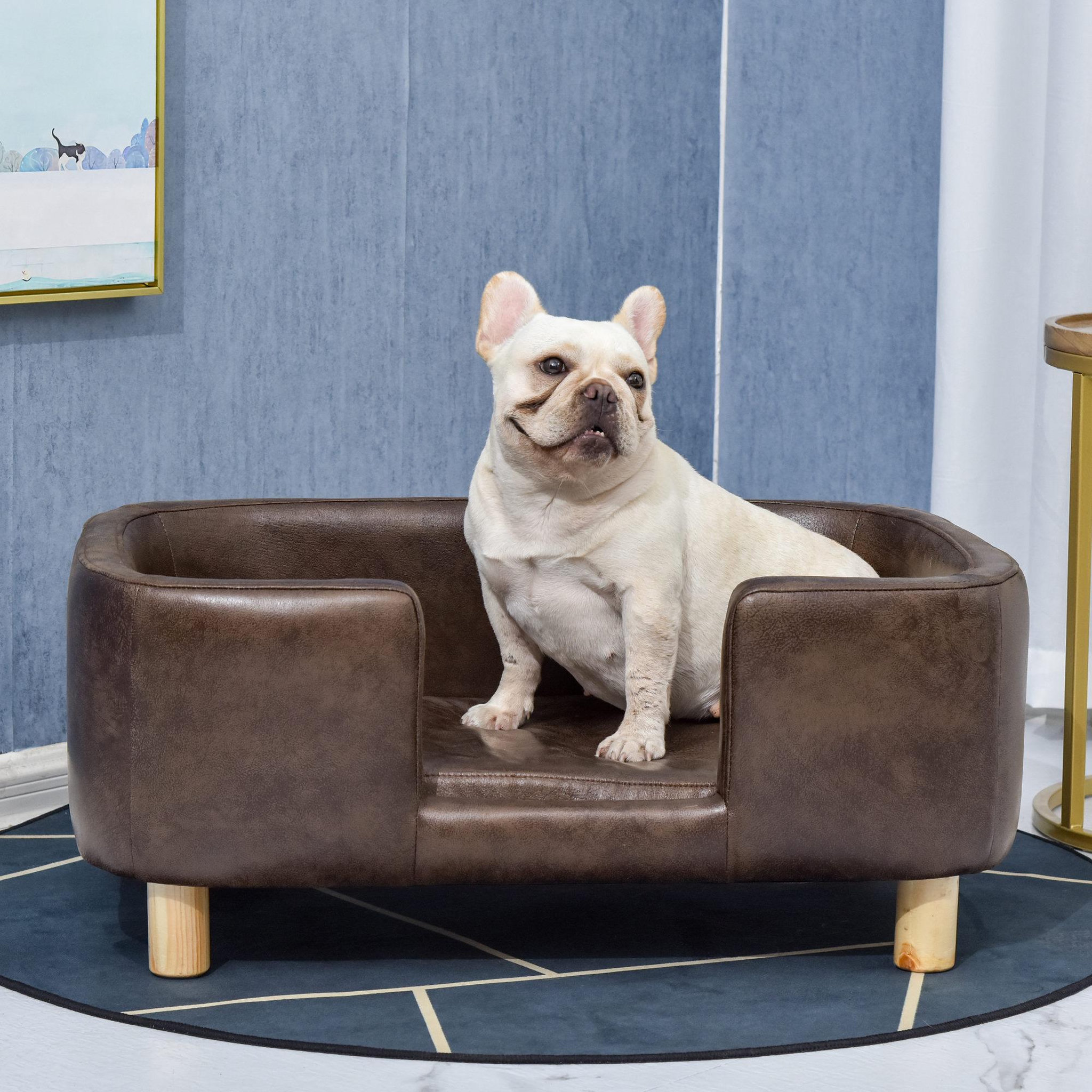 Voir la diapositive 4 : PAWHUT Canapé chien lit pour chien chat avec rebord coussin moelleux pieds bois massif dim. 74 x 48,5 x 31 cm revêtement micro-fibre chocolat