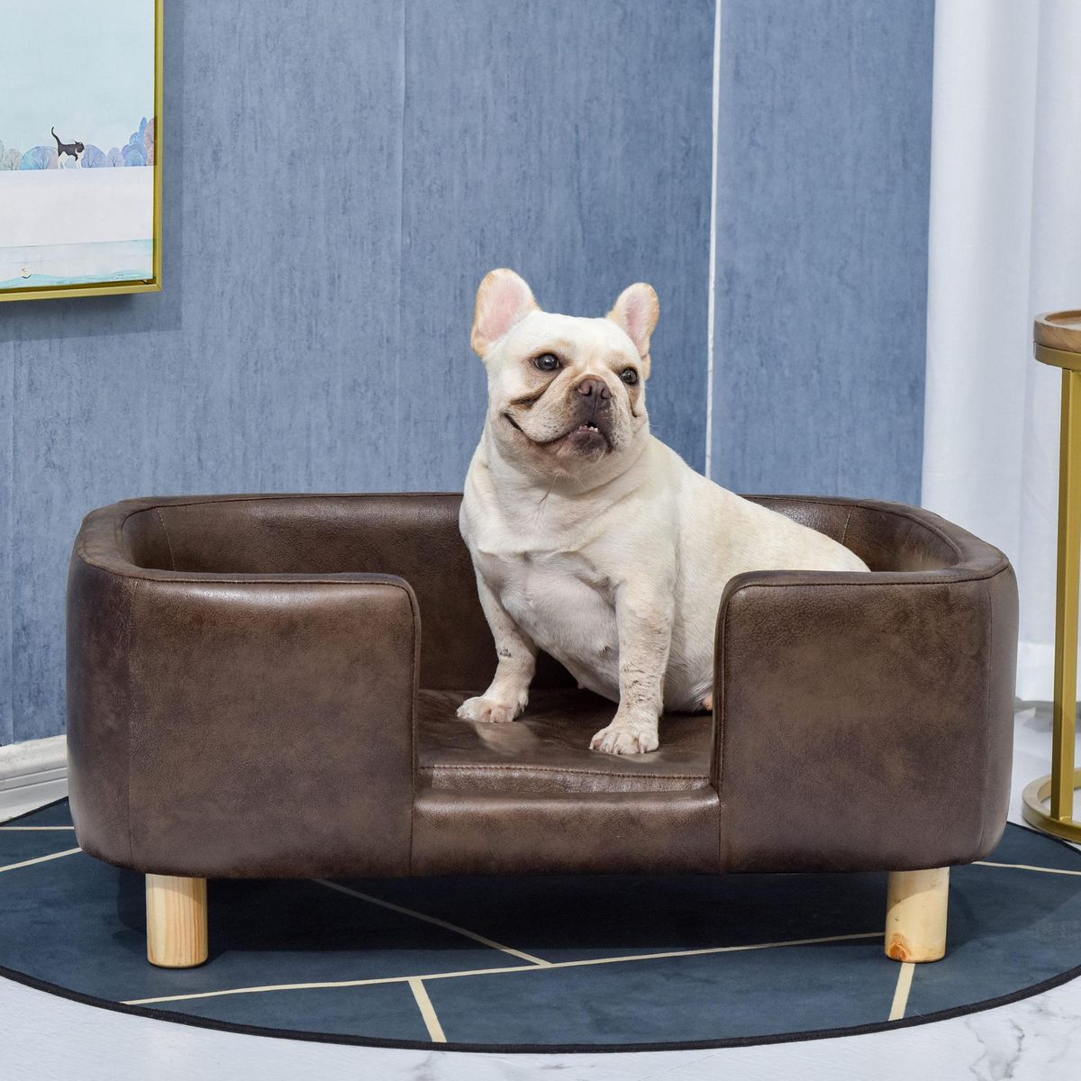 PAWHUT Canapé chien lit pour chien chat avec rebord coussin moelleux pieds bois massif dim. 74 x 48,5 x 31 cm revêtement micro-fibre chocolat