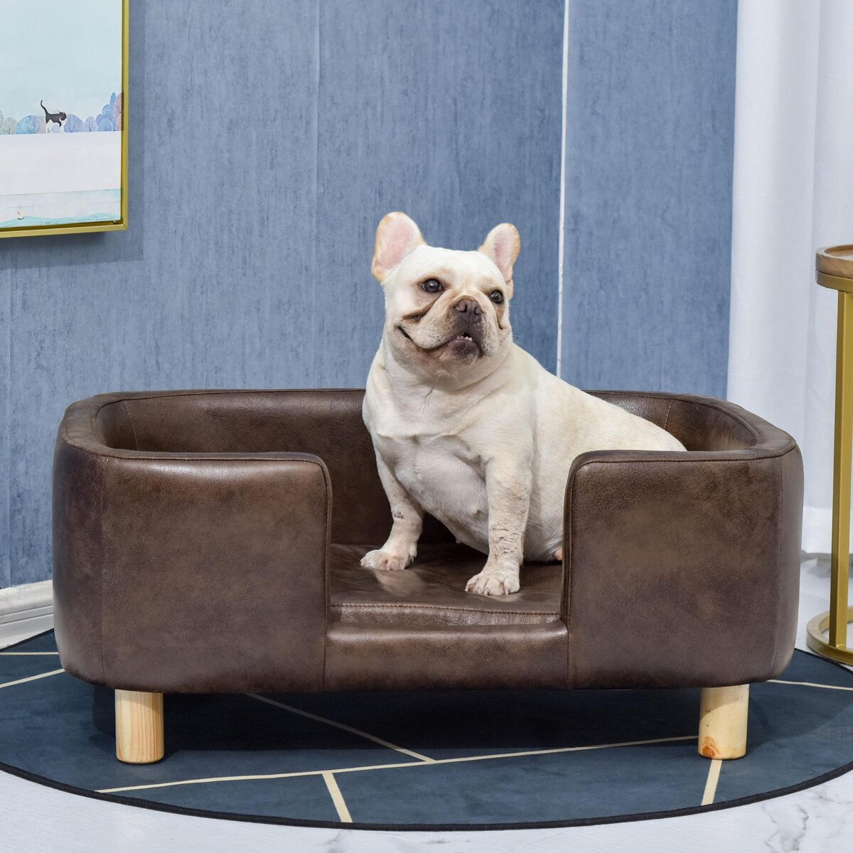 PAWHUT Canapé chien lit pour chien chat avec rebord coussin moelleux pieds bois massif dim. 74 x 48,5 x 31 cm revêtement micro-fibre chocolat