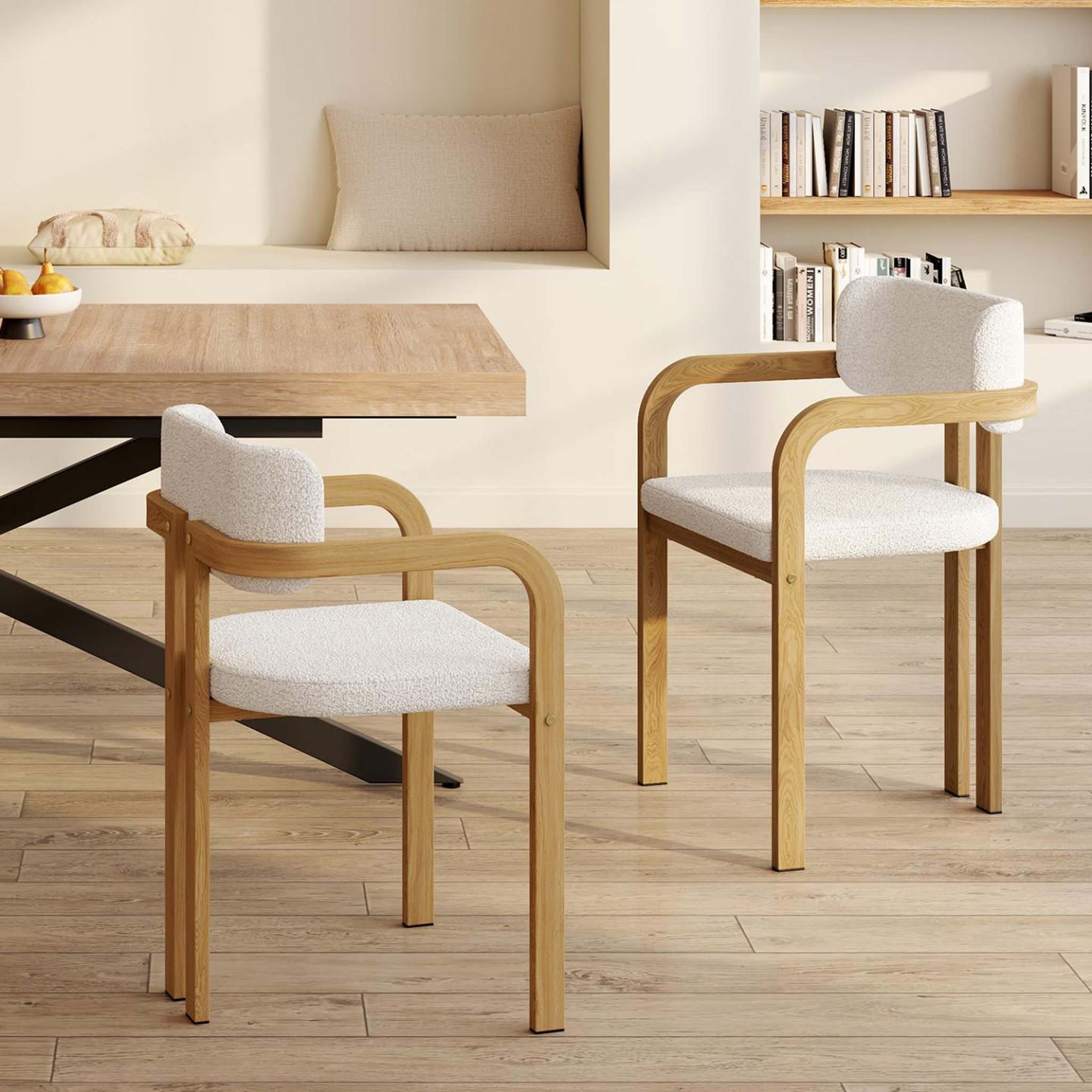 Voir la diapositive 2 : ID MARKET Lot de 2 chaises de salle à manger, fauteuils de table esma en métal effet bois et tissu bouclette avec accoudoirs
