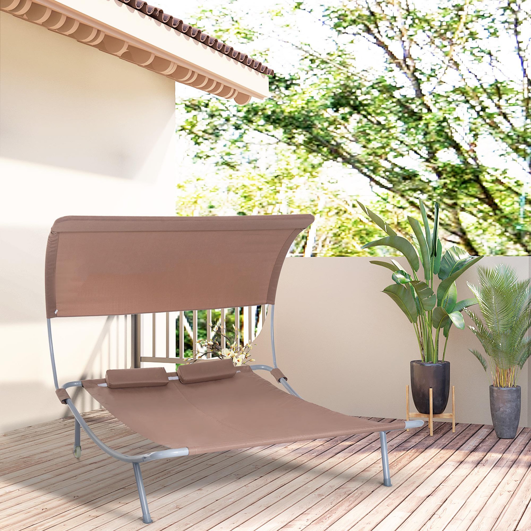 Voir la diapositive 2 : OUTSUNNY Bain de soleil 2 places lit de jardin design contemporain toit réglable 2 roulettes 2 oreillers acier époxy polyester marron