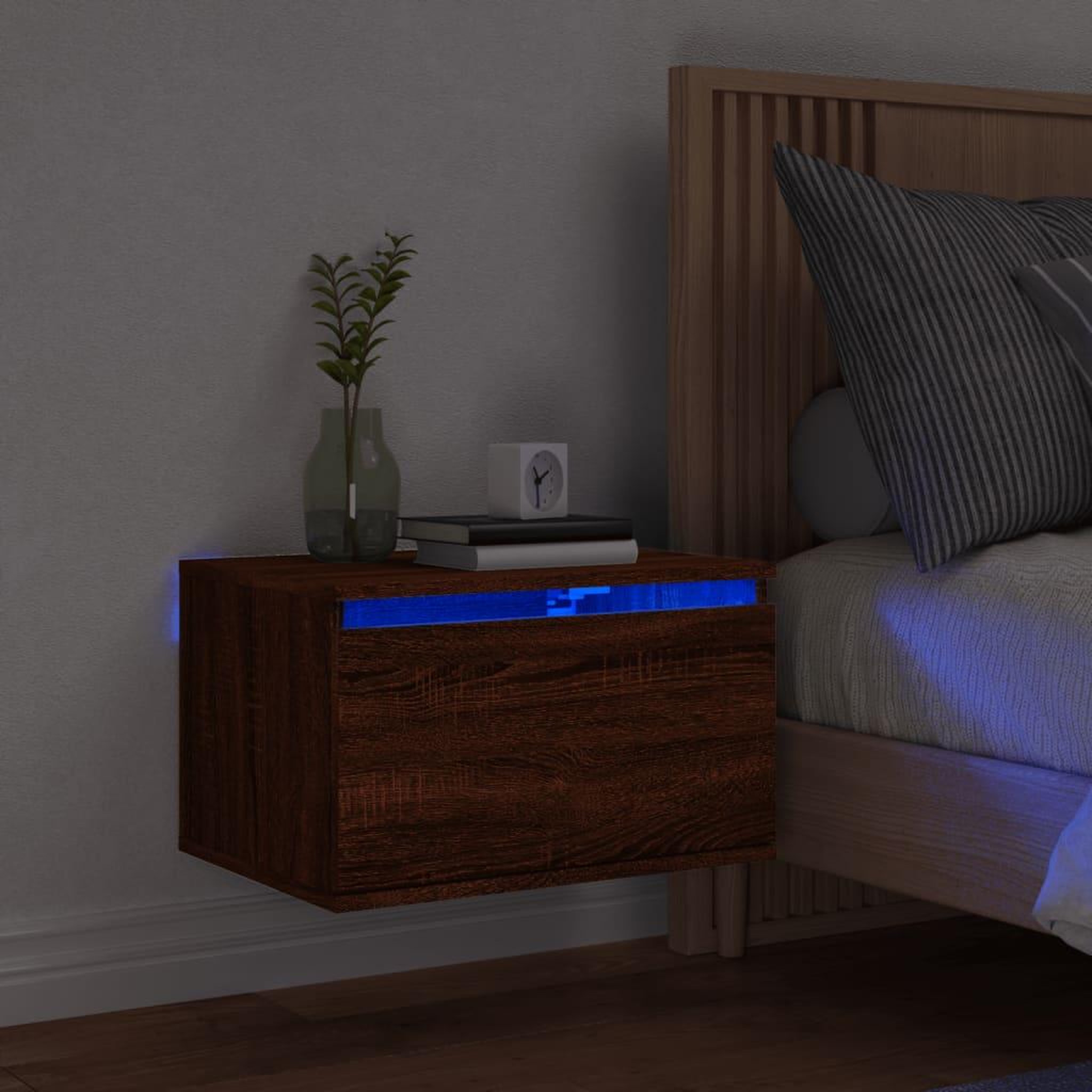 Voir la diapositive 1 : VIDAXL Table de chevet murale avec lumieres LED chene marron