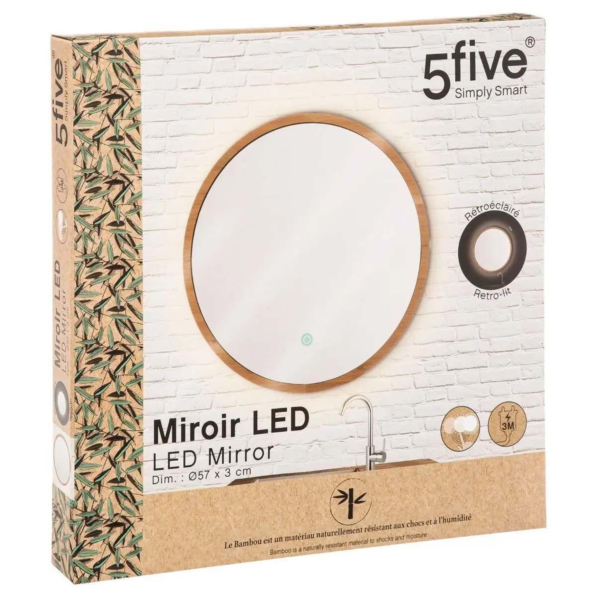 Voir la diapositive 5 : FIVE Miroir mural led en bambou  tactile  57cm naturel