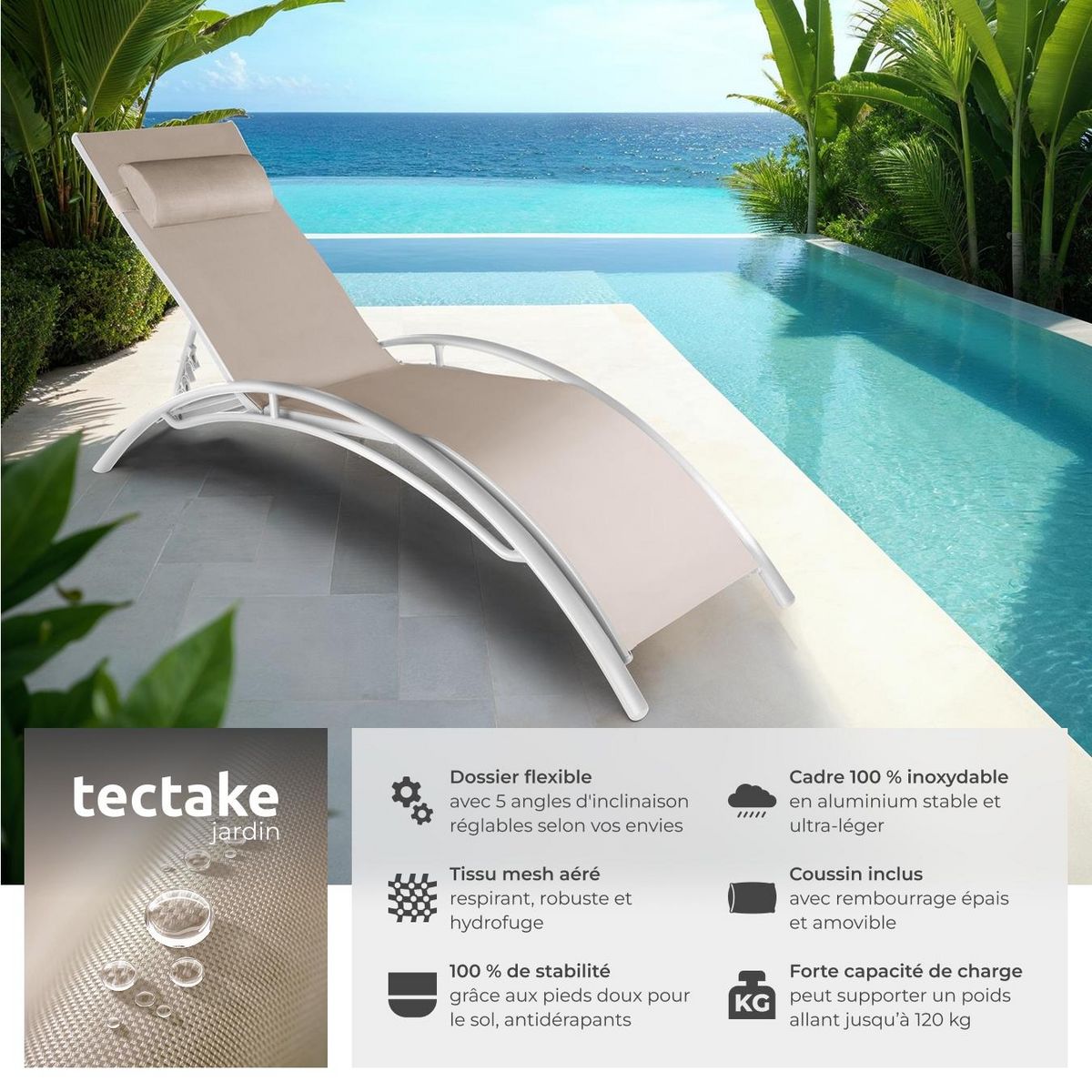 tectake Lot de 2 transats de jardin en acier avec assise en textilène beige