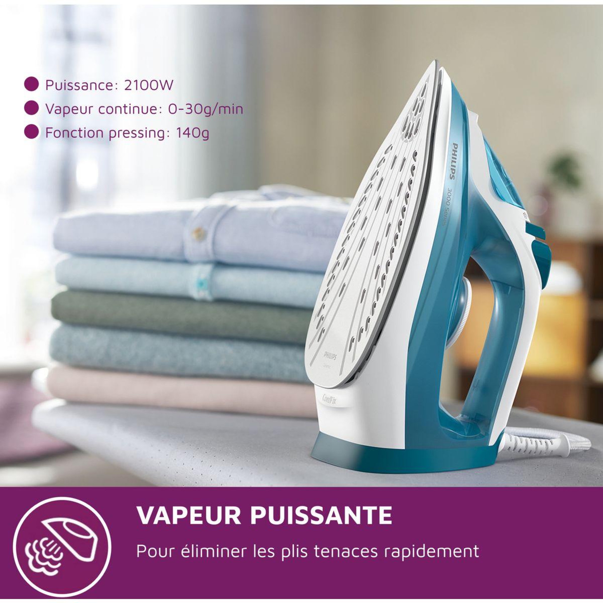 Voir la diapositive 3 : Philips Fer à repasser dst3011/20 fer à vapeur série 3000 bleu/blanc, 2000w