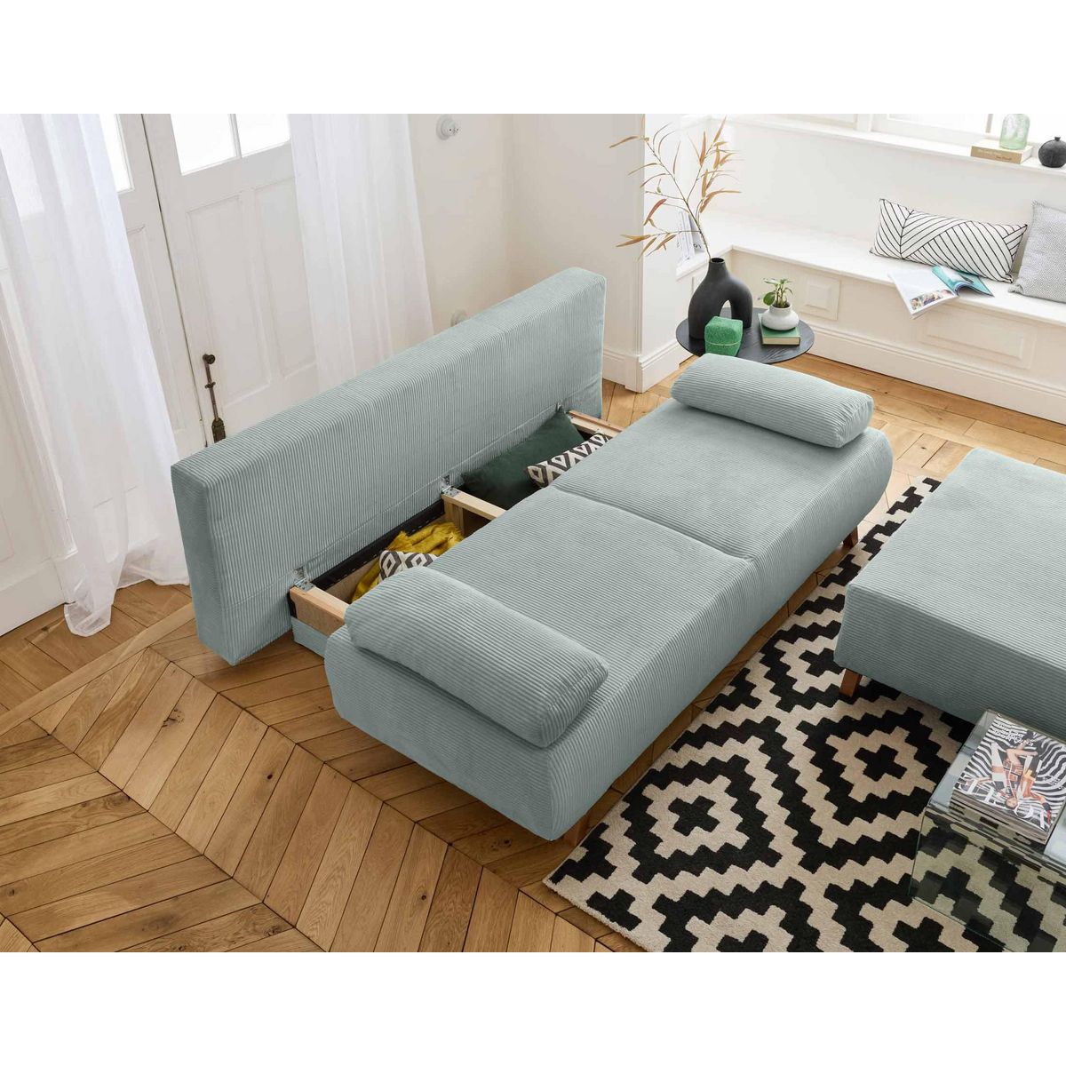 BEST MOBILIER Cristal - canapé 3 places - convertible avec coffre et grand pouf - en velours côtelé