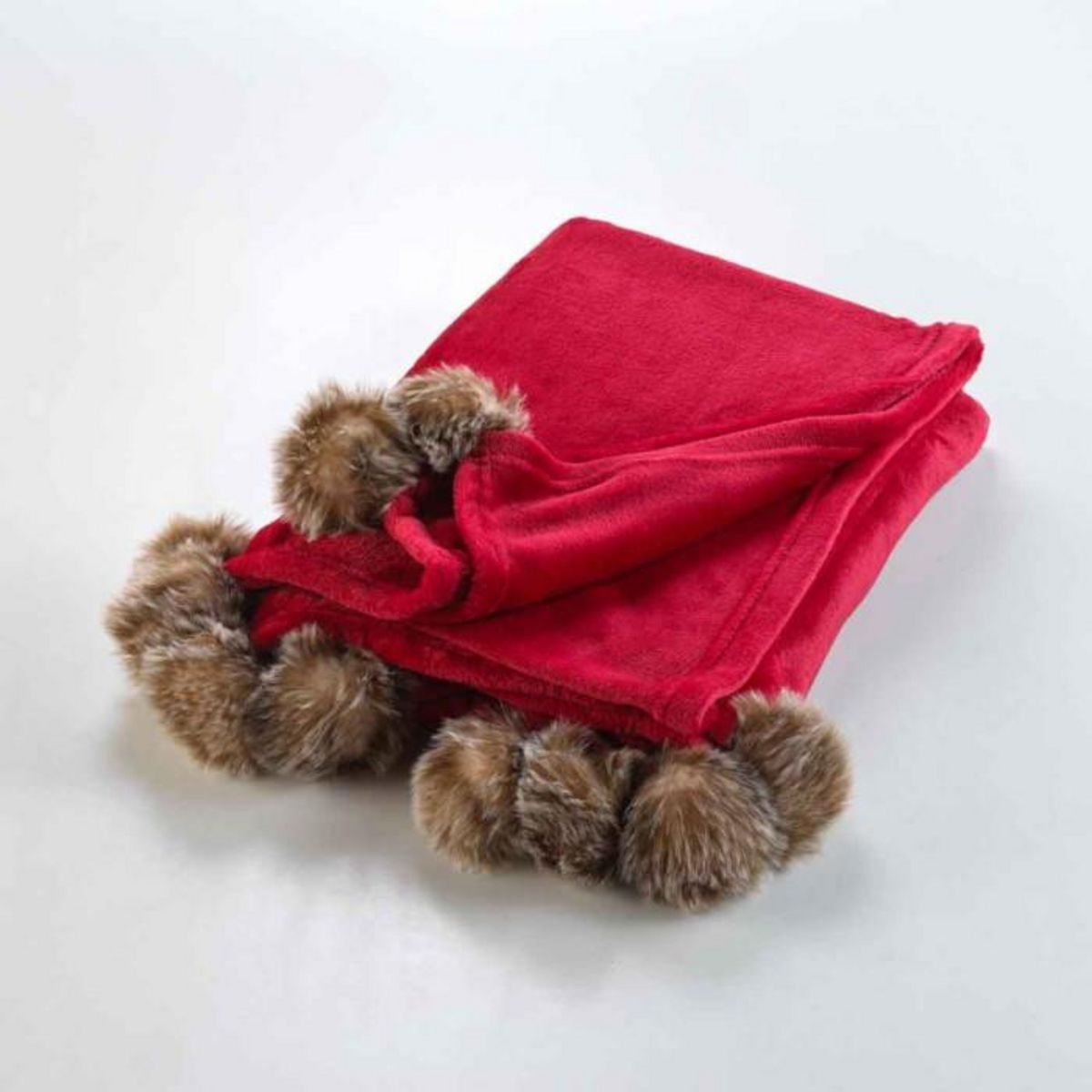 Paris Prix Plaid Flanelle Pompons  Snowy  125x150cm Rouge