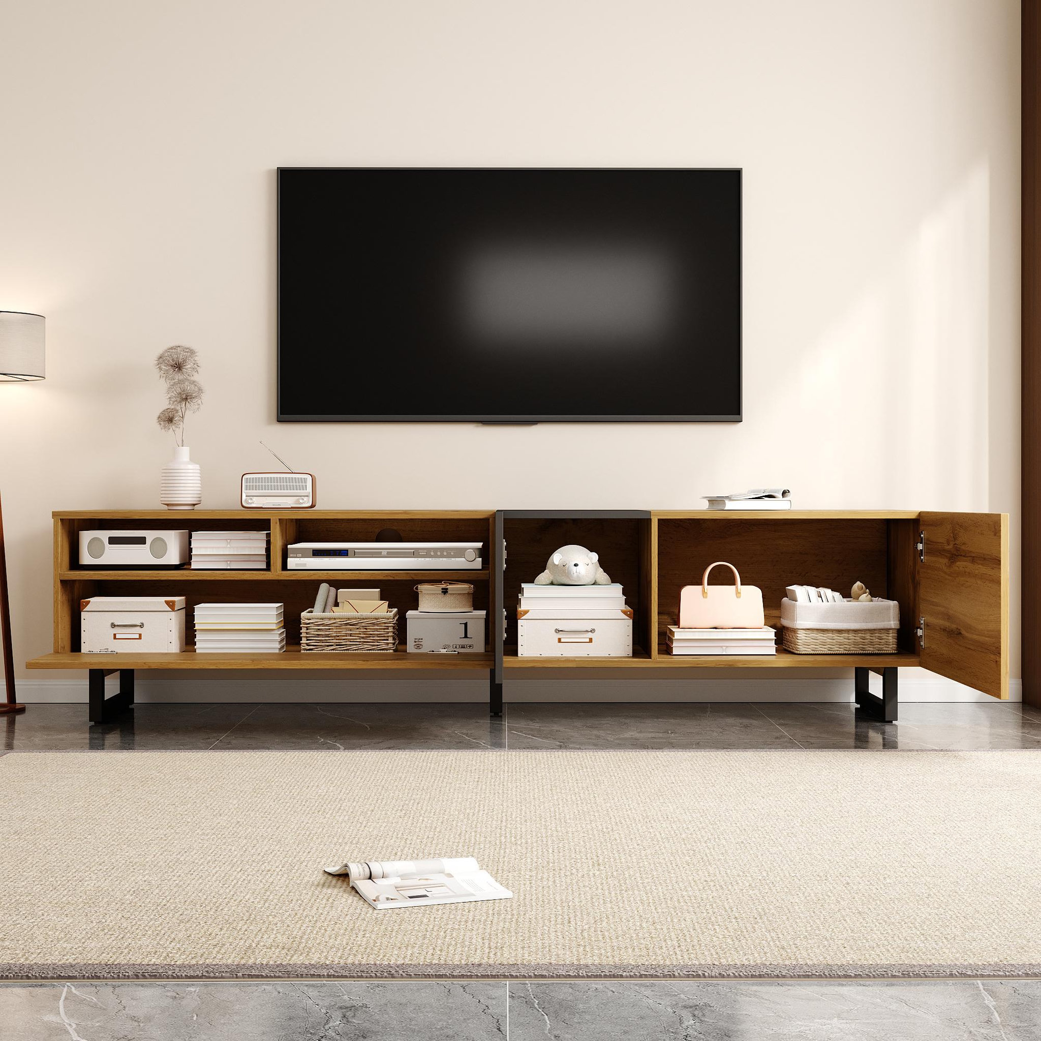 Voir la diapositive 5 : MERAX Meuble tv naturel+noir 170 cm panneau de particules