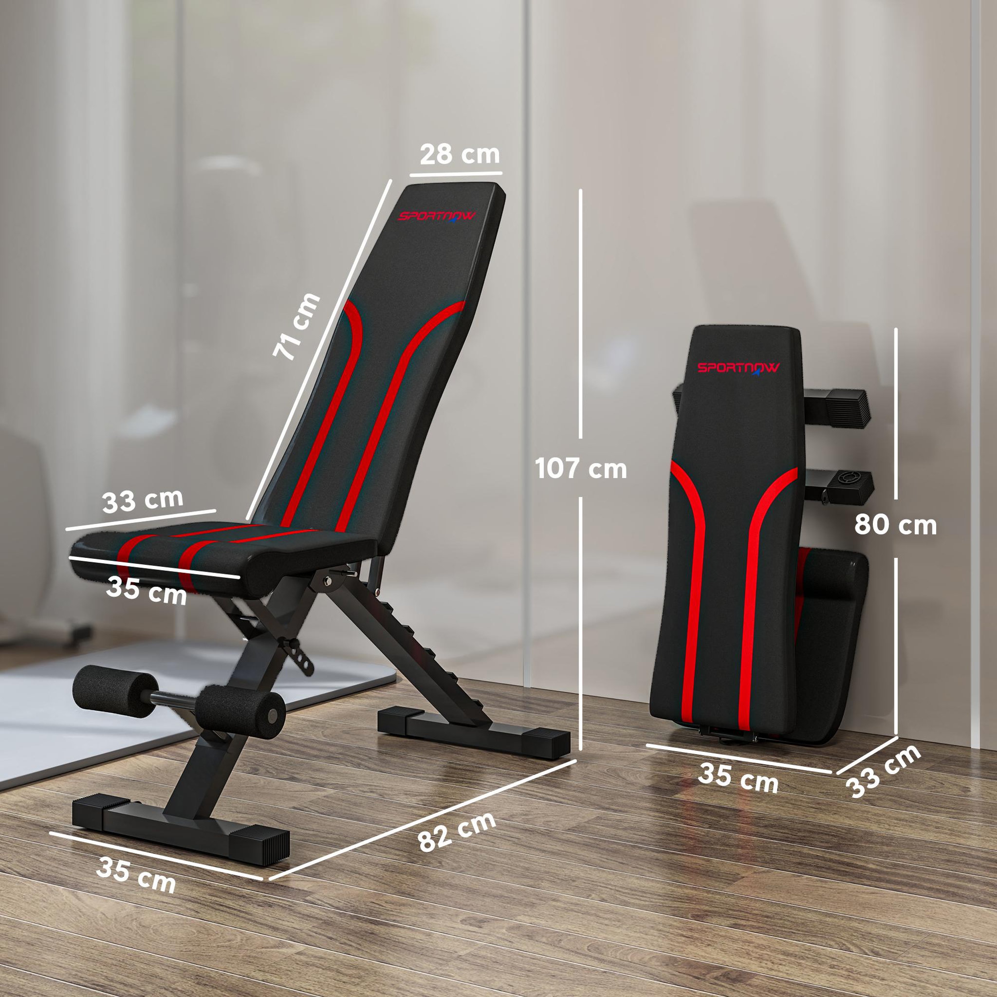 Voir la diapositive 3 : HOMCOM Banc de musculation pliable inclinable charge max. 230 kg rouge noir