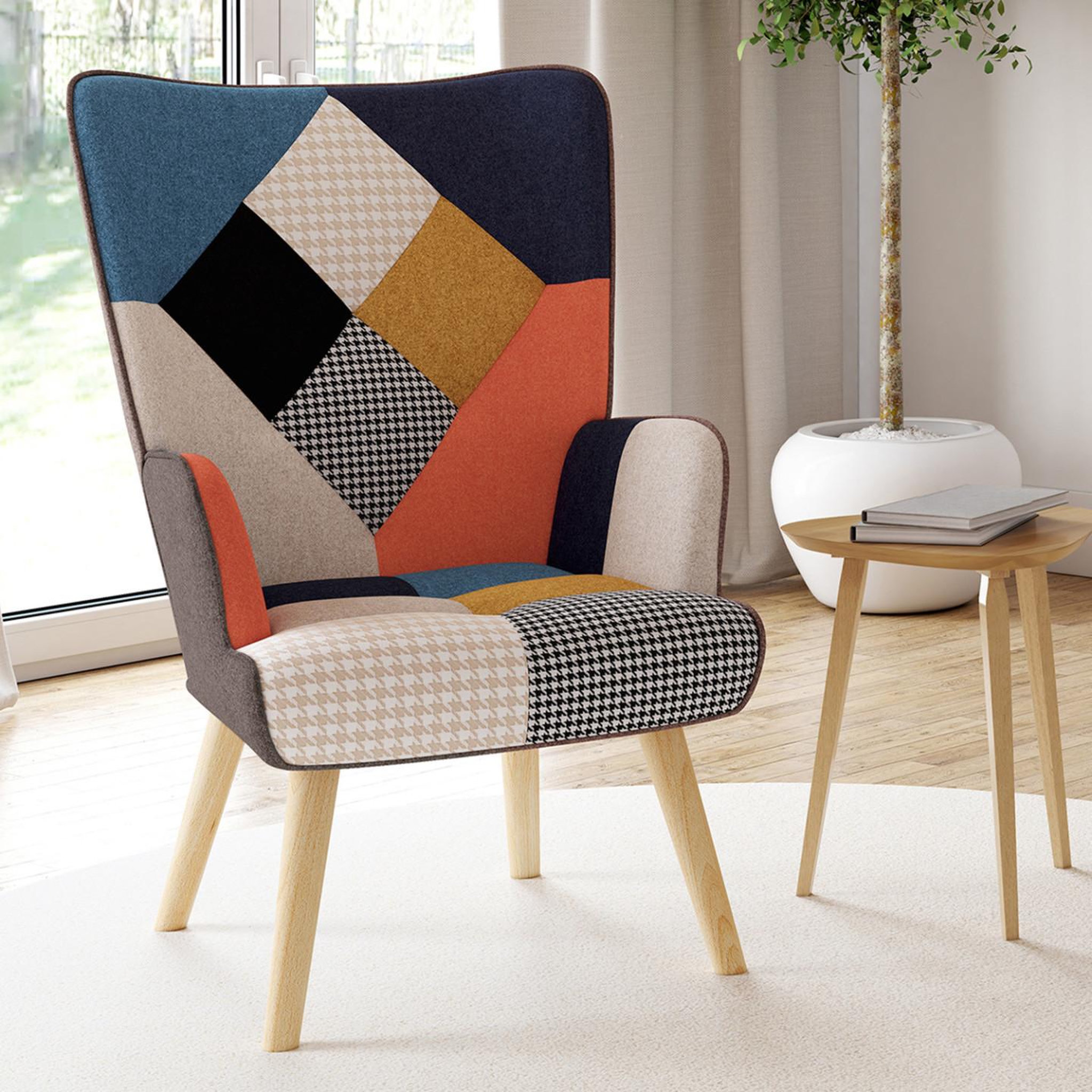 Voir la diapositive 2 : ID MARKET Fauteuil scandinave ivar en tissu patchwork multicouleurs et imprimé pied de poule