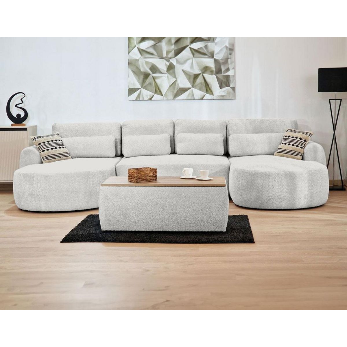 BEST MOBILIER Mahina - canapé panoramique en u 7 places - convertible avec coffre - en tissu bouclette