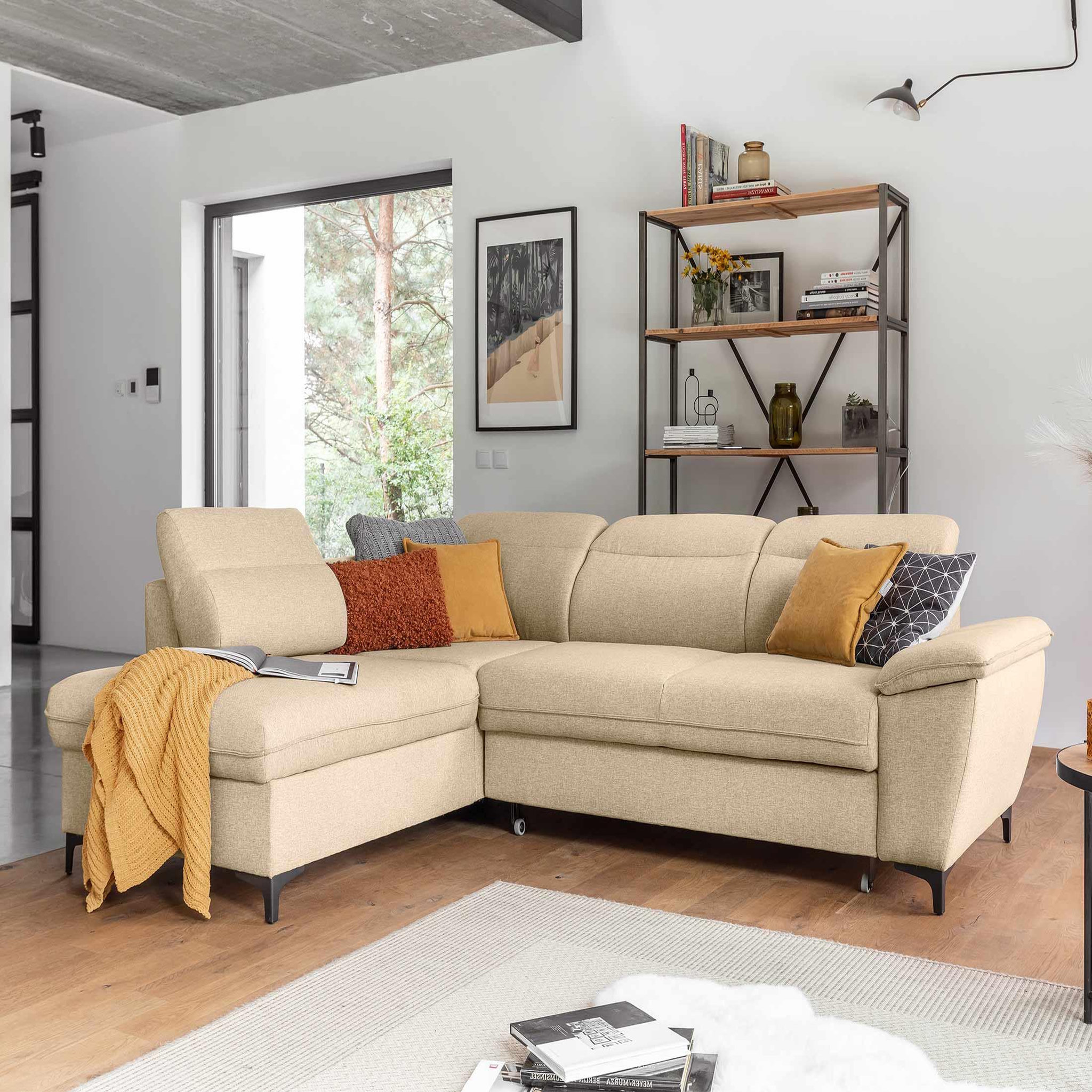 BEST MOBILIER Clever - canapé d'angle gauche - 5 places - convertible avec coffre et têtières - en tissu. Coloris disponibles : Beige