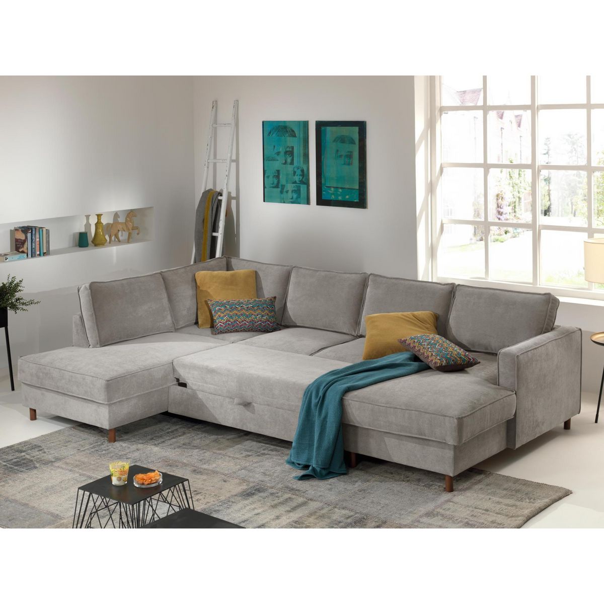 LISA DESIGN Jake - canapé panoramique d'angle gauche - convertible avec coffre - 7 places - en velours côtelé