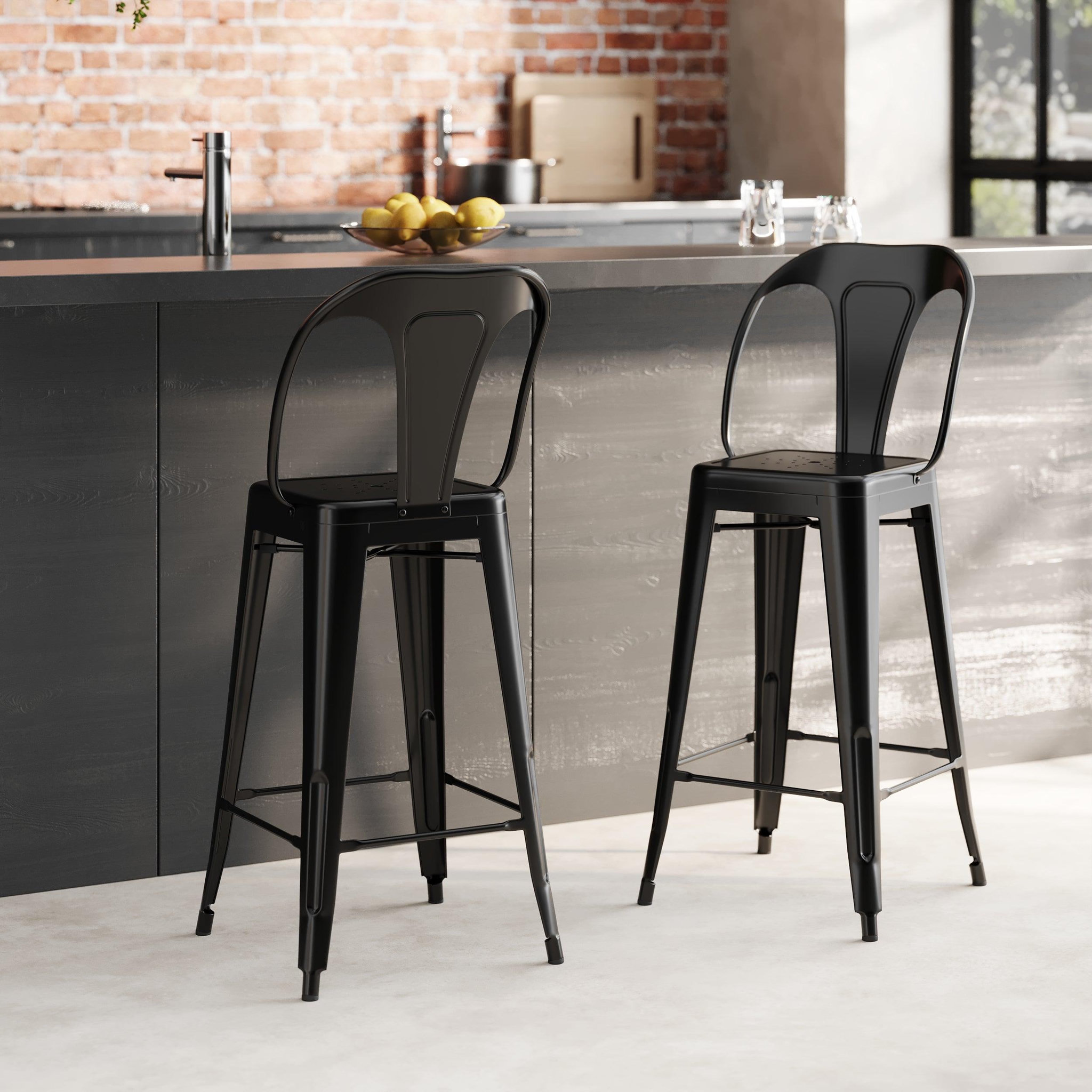 Voir la diapositive 2 : MAISON PAVANE Lot de 2 chaises pour îlot central 67 cm en métal noir mat-indus