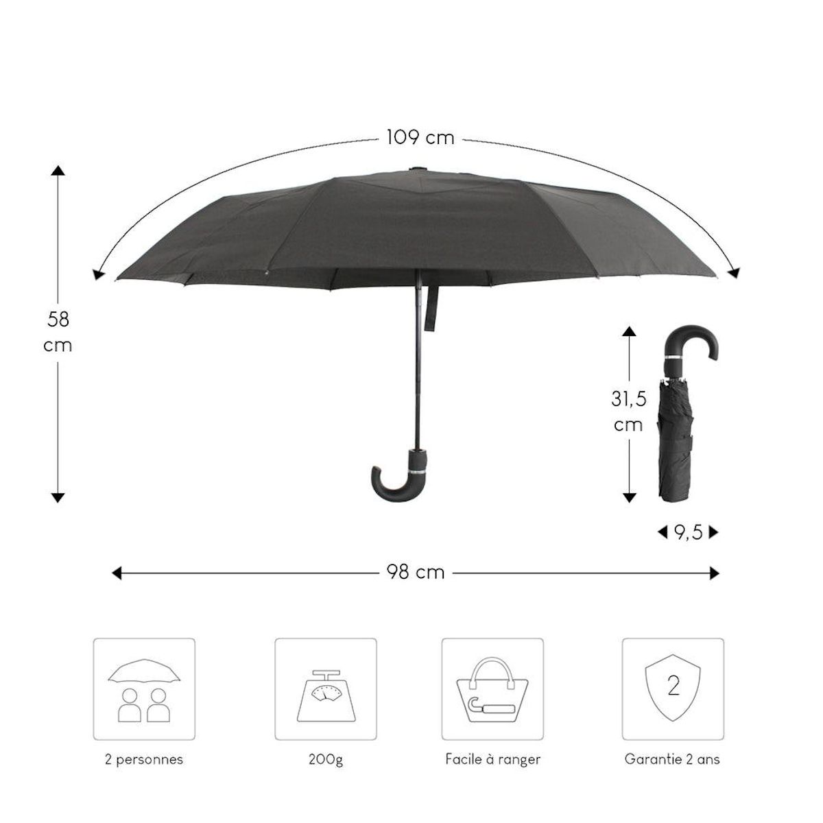 Alistair Parapluie automatique compact et resistant - Anti vent et retournement - ALISTAIR - Marque francaise garantie 1 an