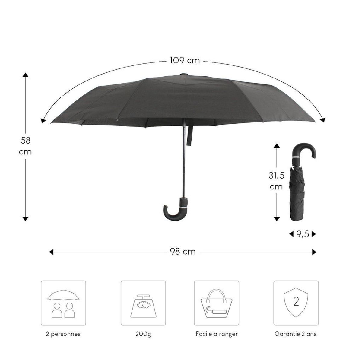 Alistair Parapluie automatique compact et resistant - Anti vent et retournement - ALISTAIR - Marque francaise garantie 1 an