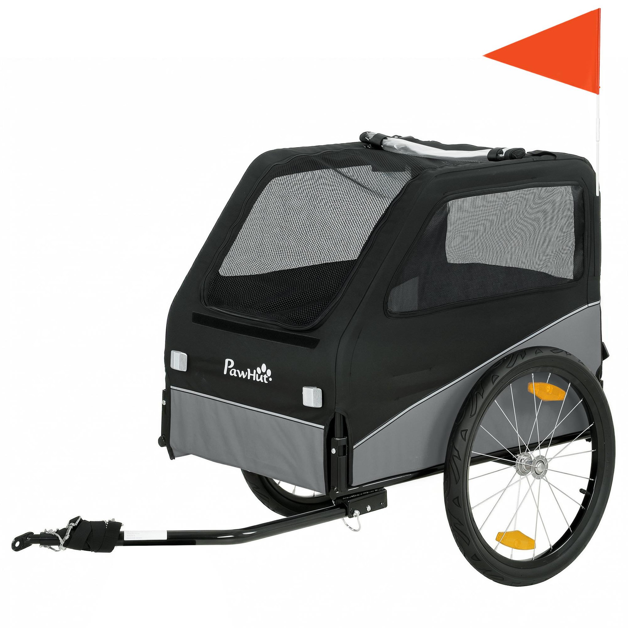 PAWHUT Remorque vélo chien pliable attache universelle pneus 20  réflecteurs drapeau harnais gris