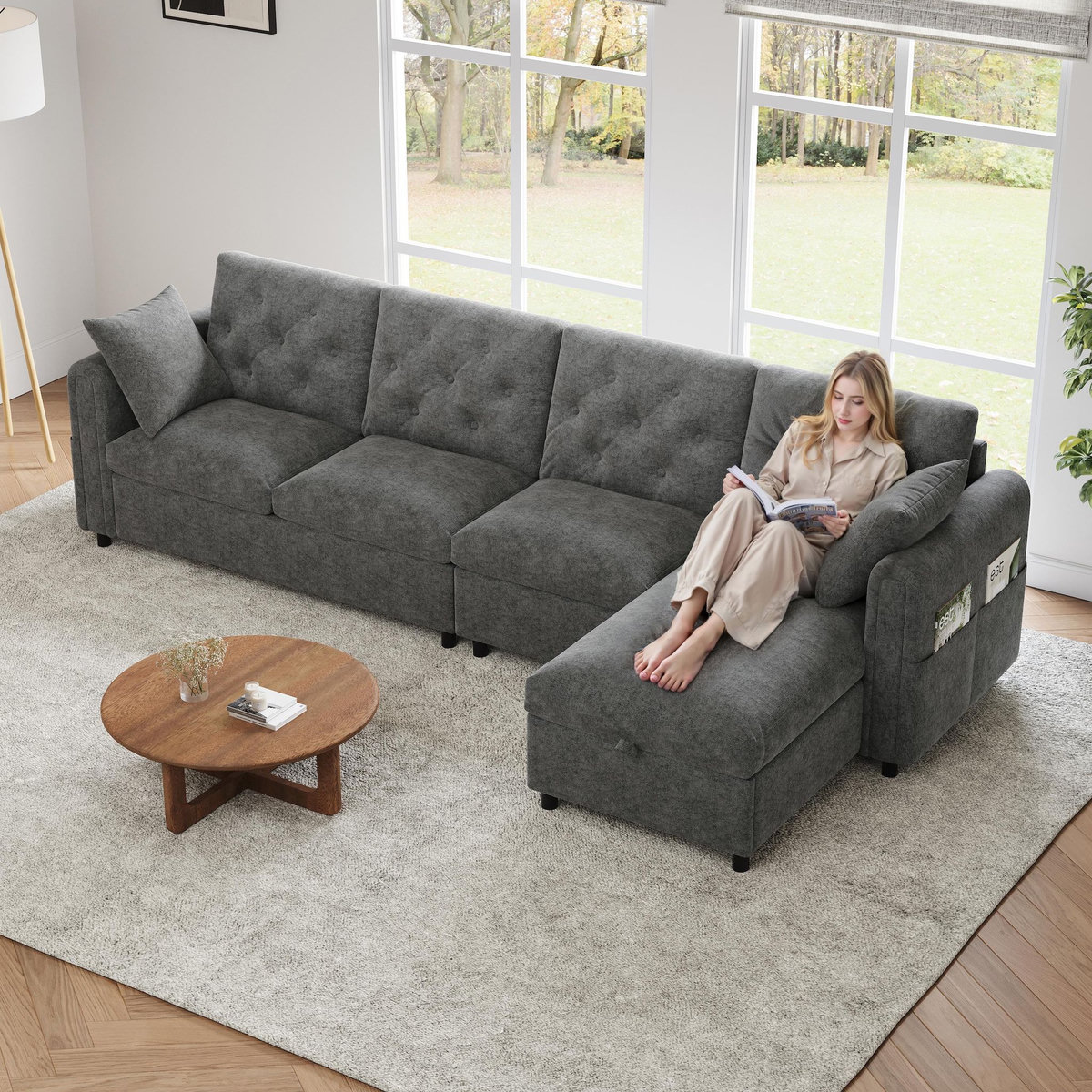 MERAX Canapé d'angle réversible fixe 4 places velours coffre de rangement