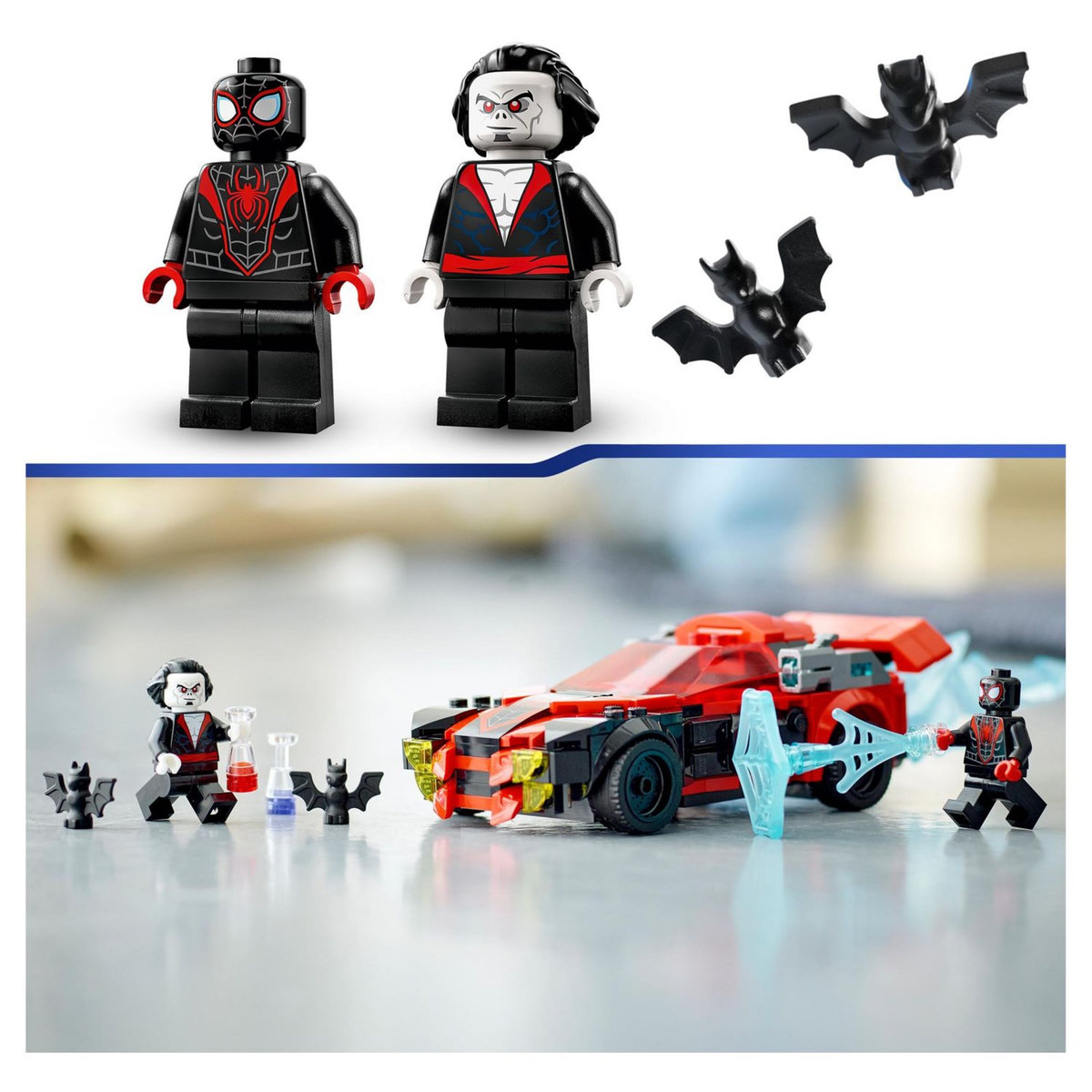 LEGO Marvel Super Heros 76244 Miles Morales vs Morbius, Jouet de Construction Spider-Man, avec Voiture de Course, Spidey et ses Amis Extraordinaires