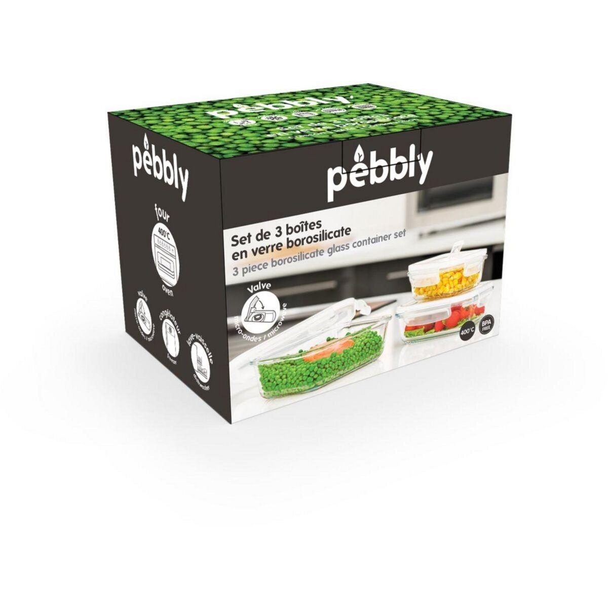 PEBBLY Boîte hermétique rectangulaire en verre lot de 3