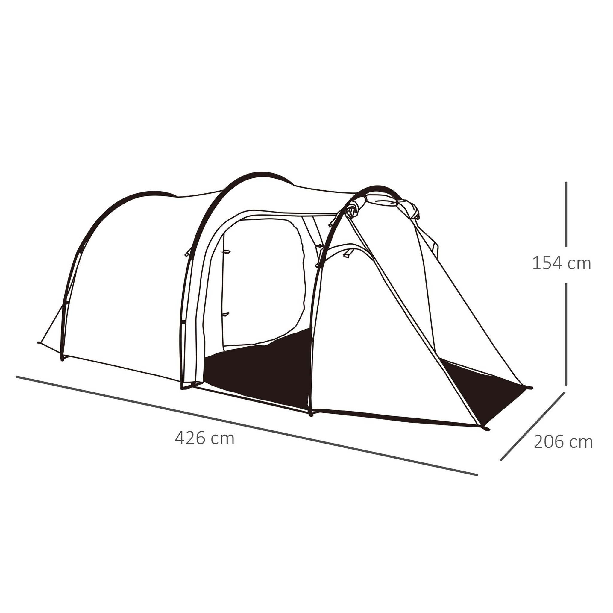 Voir la diapositive 3 : OUTSUNNY Tente de camping 2-3 personnes montage facile 3 portes fenêtres dim. 4,26L x 2,06l x 1,54H m fibre verre polyester PE vert