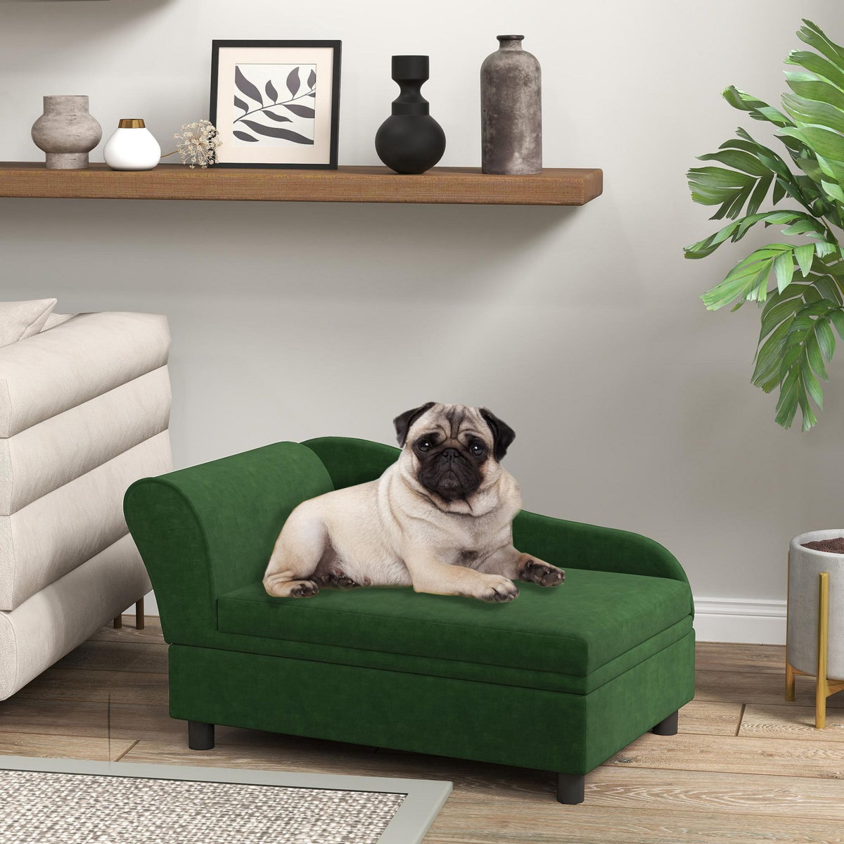 PAWHUT Canapé chien design méridienne - coffre rangement intégré - velours vert