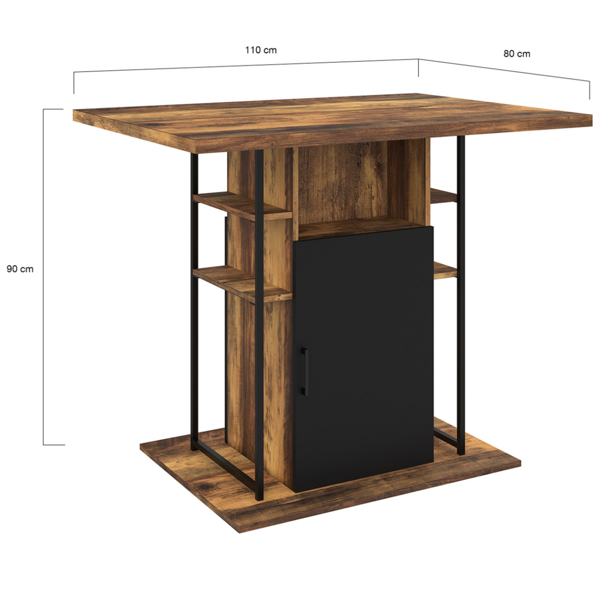 ID MARKET Ilot central UGO 110 cm bois noir et effet bois foncé HAWKINS avec rangements design industriel