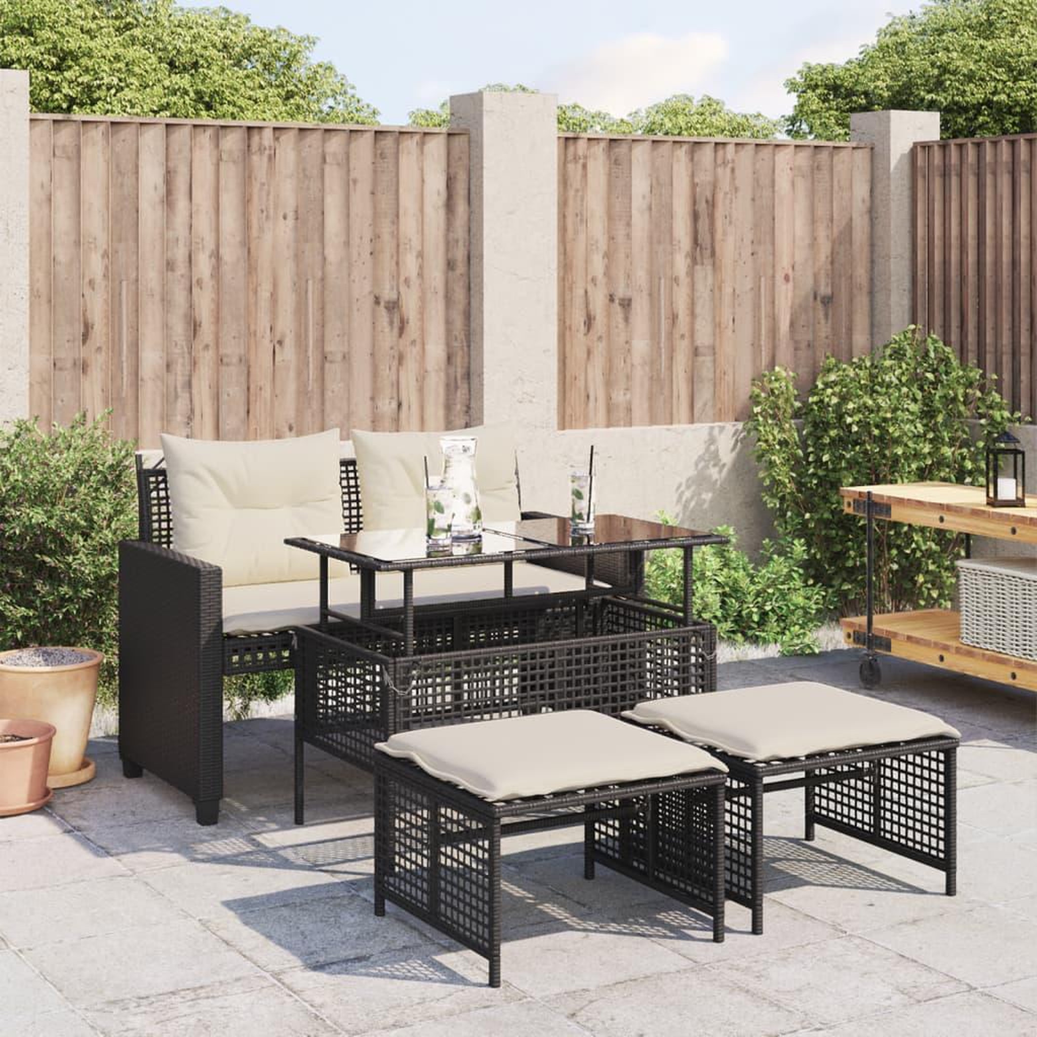 VIDAXL Salon de jardin avec coussins 4 pcs noir resine tressee verre