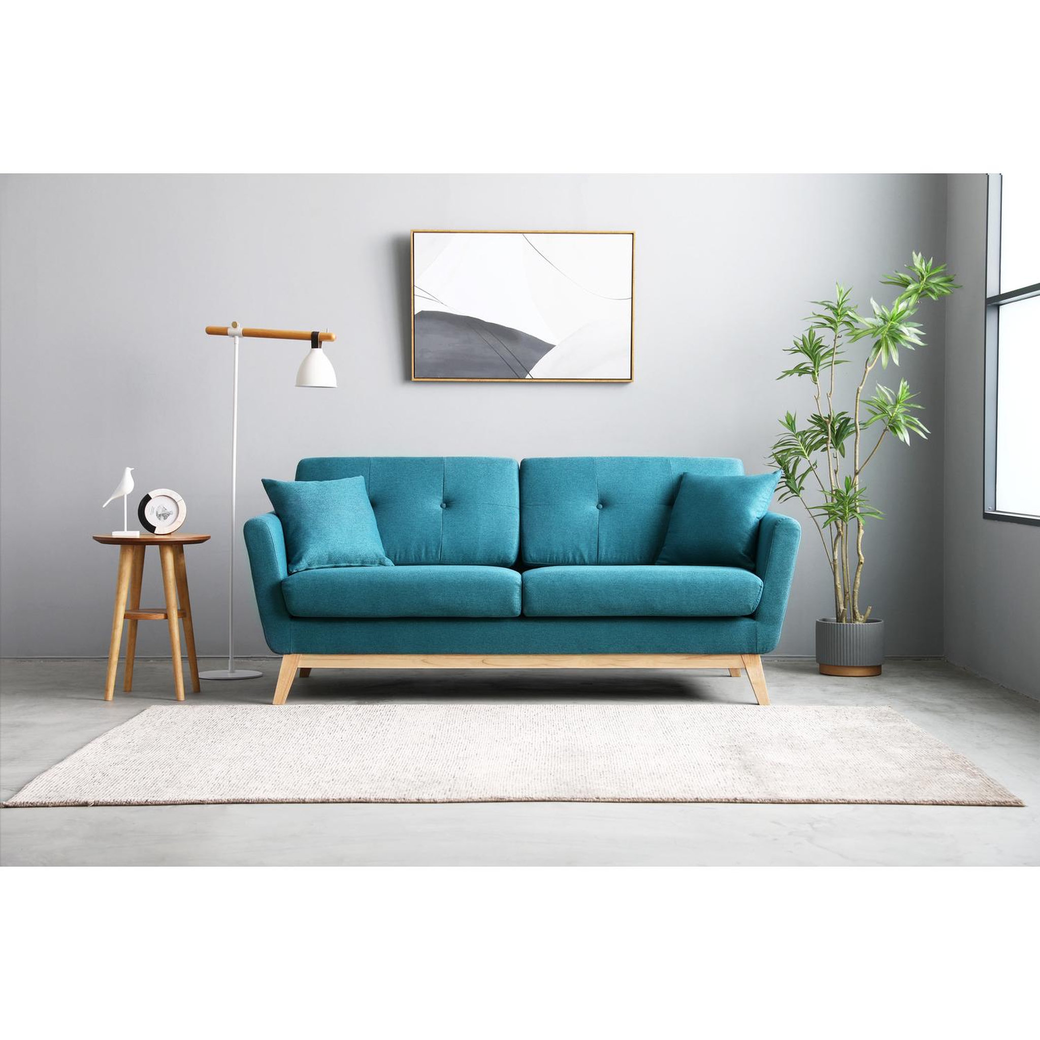 Voir la diapositive 2 : CONCEPT USINE Canapé 3 places scandinave et 2 coussins en tissu bleu canard HOGA