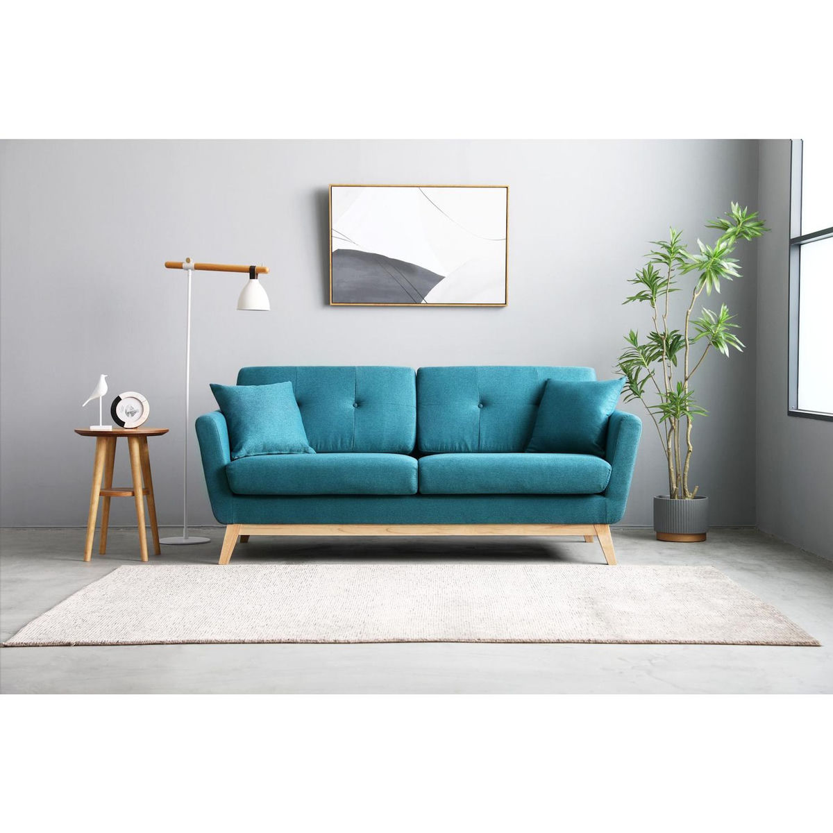 CONCEPT USINE Canapé 3 places scandinave et 2 coussins en tissu bleu canard HOGA