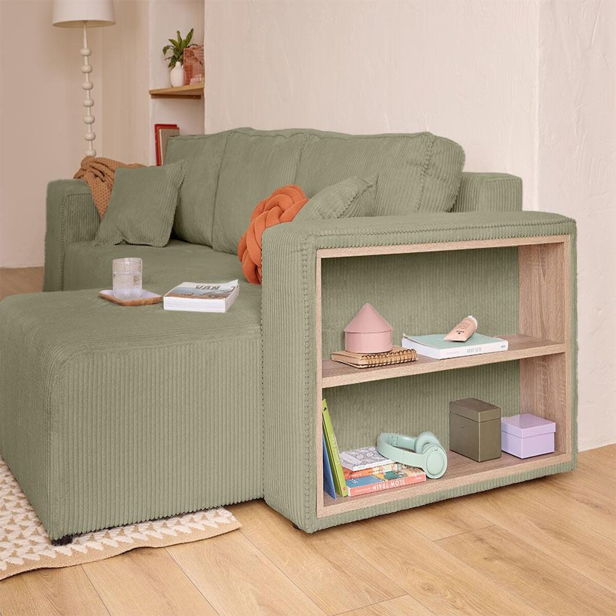 BEST MOBILIER Topaze - canapé d'angle réversible 4 places - convertible avec coffre, tablette et poufs - en velours côtelé