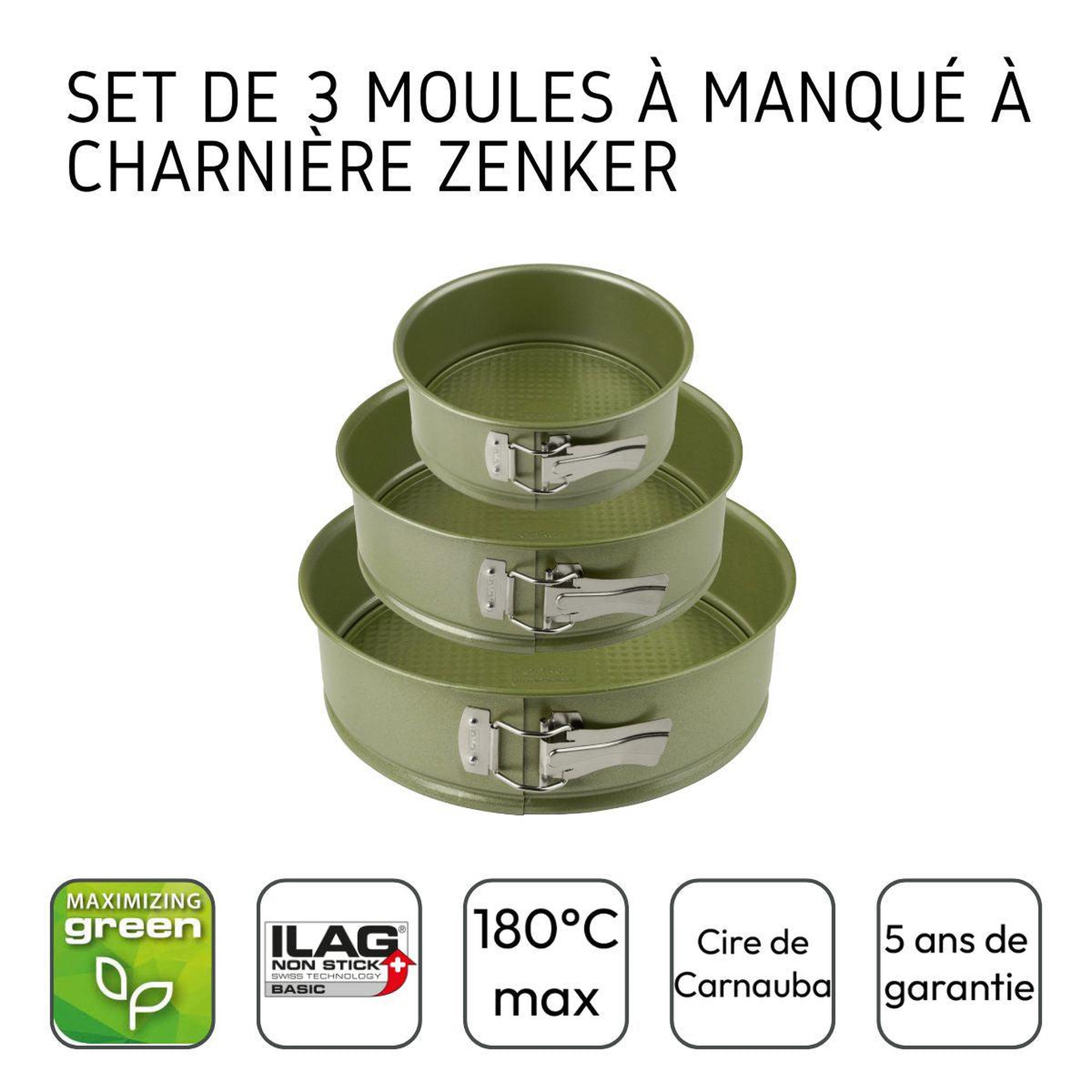 Voir la diapositive 4 : ZENKER Set de 3 moules à manqué à charnière 20 cm 24 cm et 26 cm zenker green vision