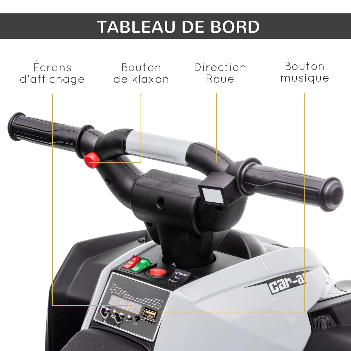 HOMCOM Quad buggy électrique enfant 12 V 3 Km/h max. effets lumineux et sonores blanc noir