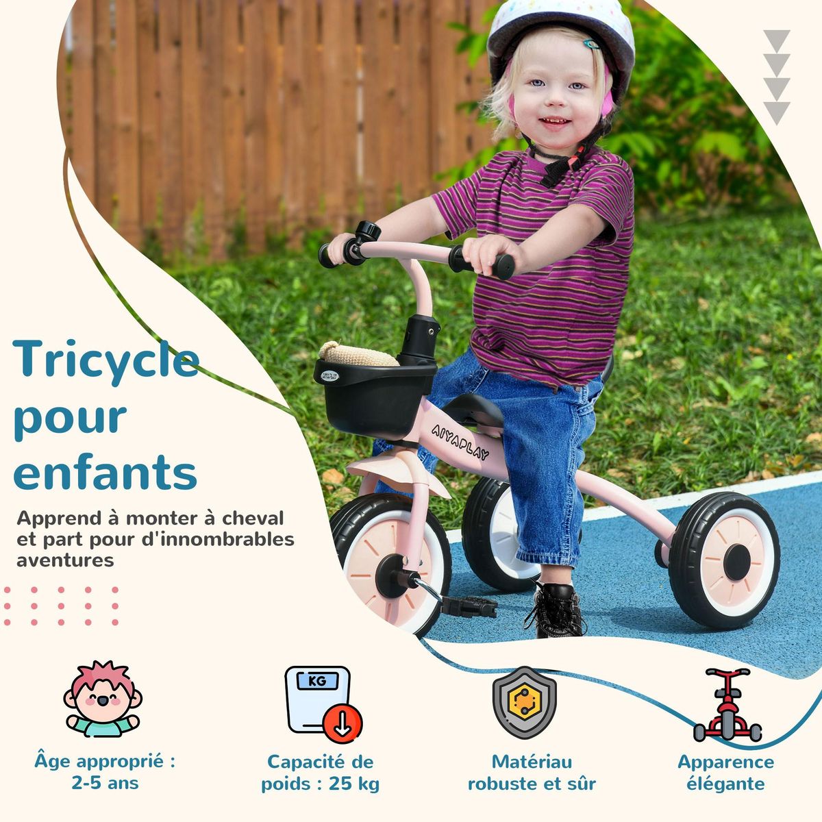 HOMCOM Tricycle enfant multi-équipé garde-boue sonnette panier pédales antidérapantes siège réglable avec dossier métal rose
