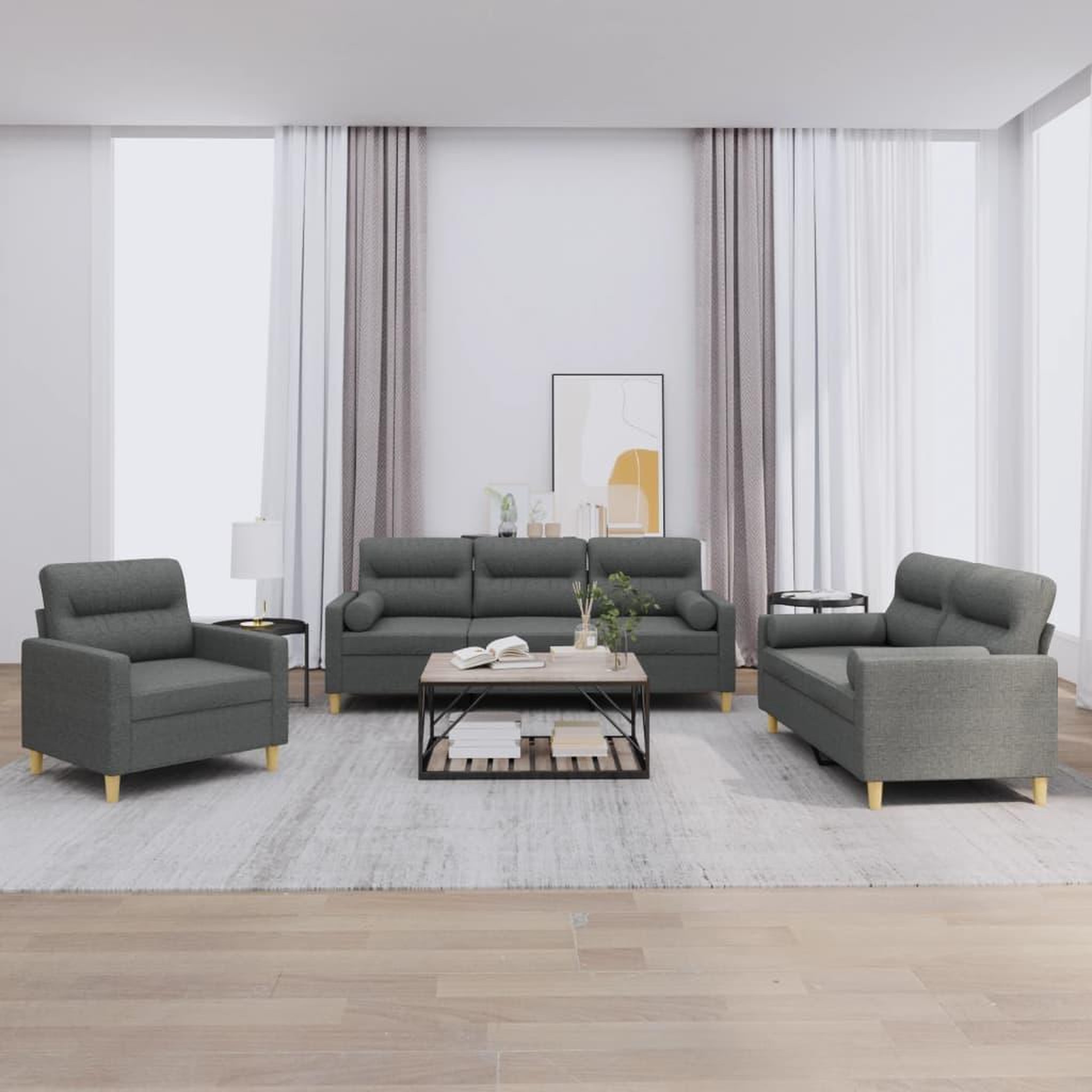 VIDAXL Ensemble de canapes 3 pcs coussins gris fonce tissu