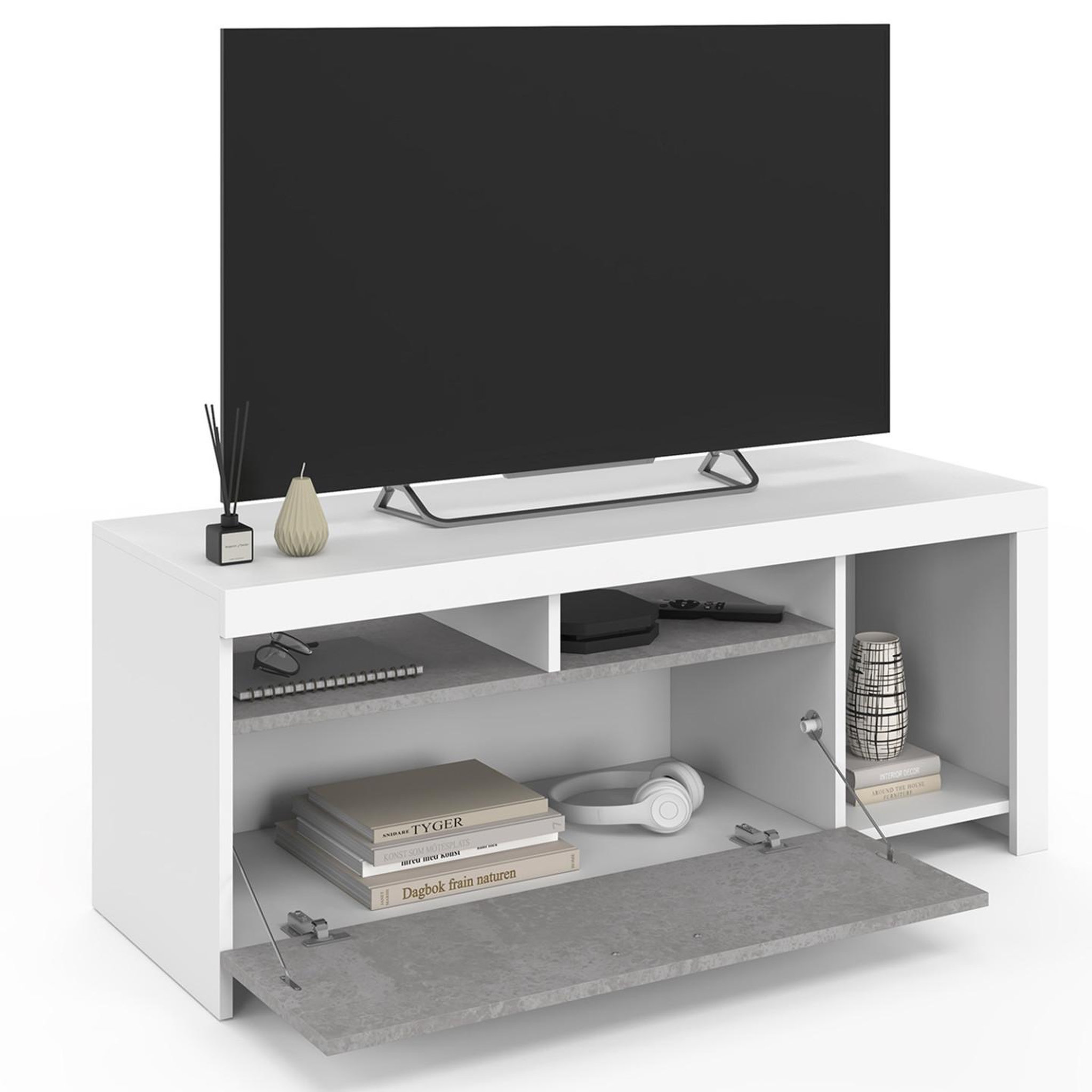 Voir la diapositive 4 : ID MARKET Meuble tv 110 cm malo blanc et placard effet béton