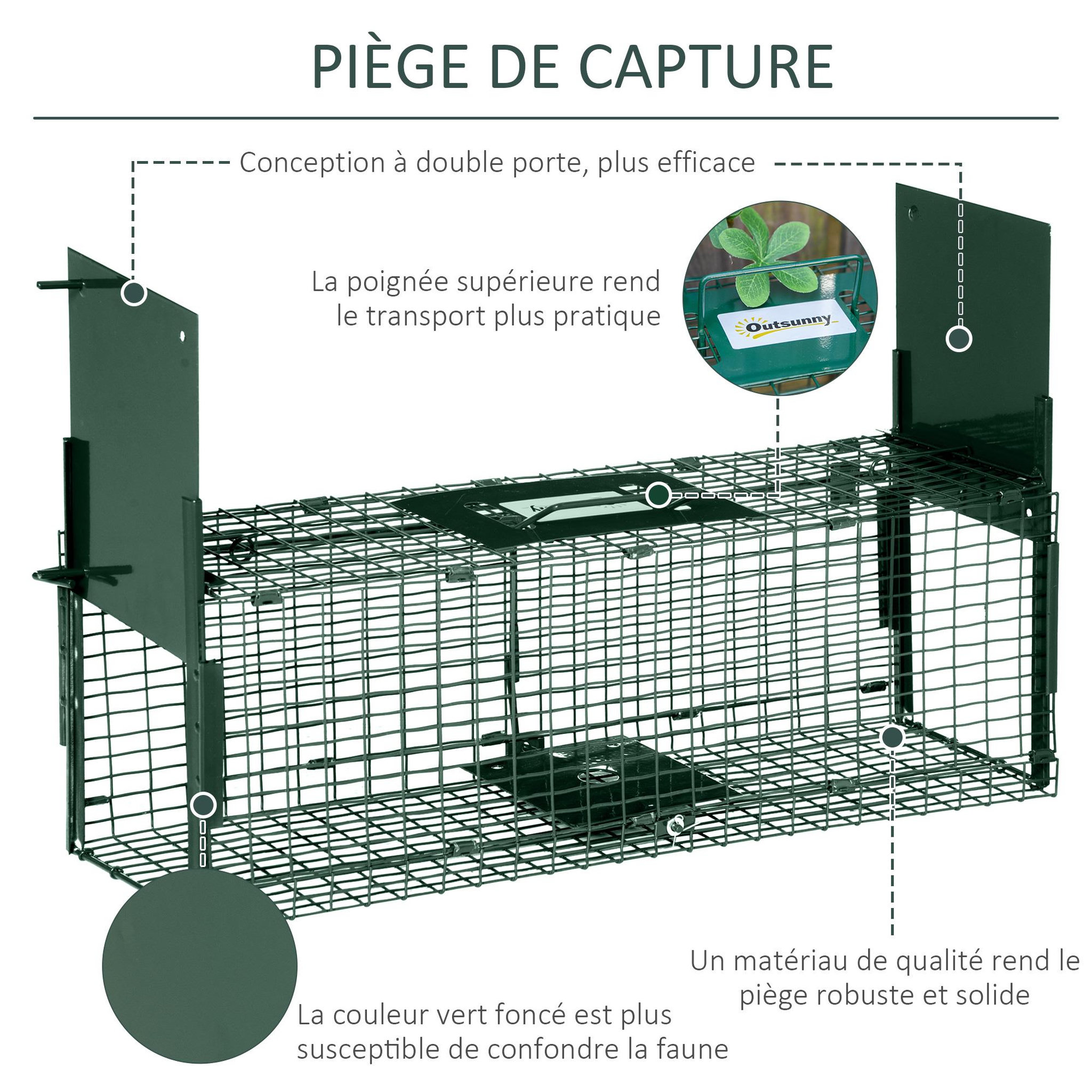 Voir la diapositive 4 : PAWHUT Piège de capture pour petits animaux type lapin rat - 2 entrées + poignée - dim. 60L x 18l x 20H cm - métal vert