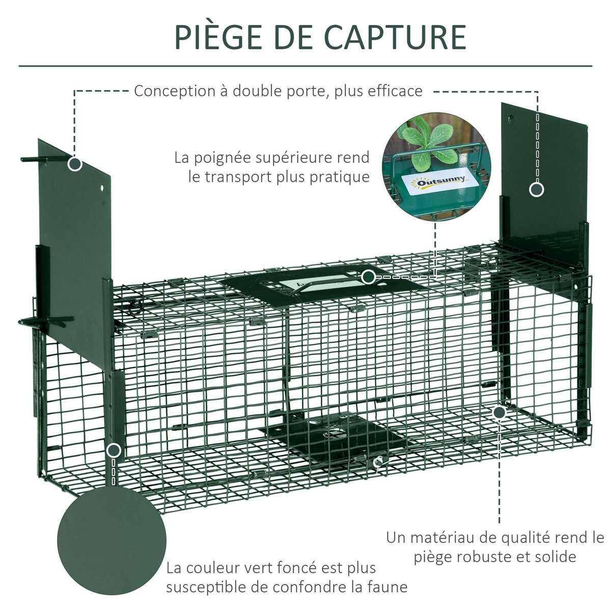 PAWHUT Piège de capture pour petits animaux type lapin rat - 2 entrées + poignée - dim. 60L x 18l x 20H cm - métal vert