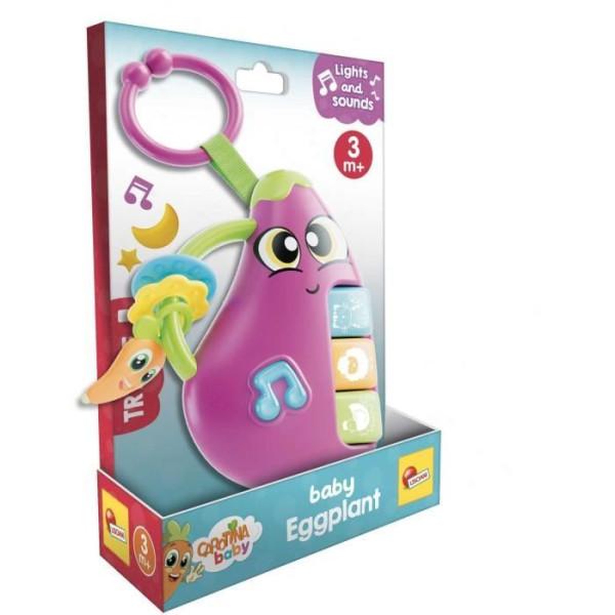 Voir la diapositive 2 : LISCIANI GIOCHI Aubergine - Hochet électronique - CAROTINA BABY - Mélodies et bruits d'animaux, Anneaux de dentition
