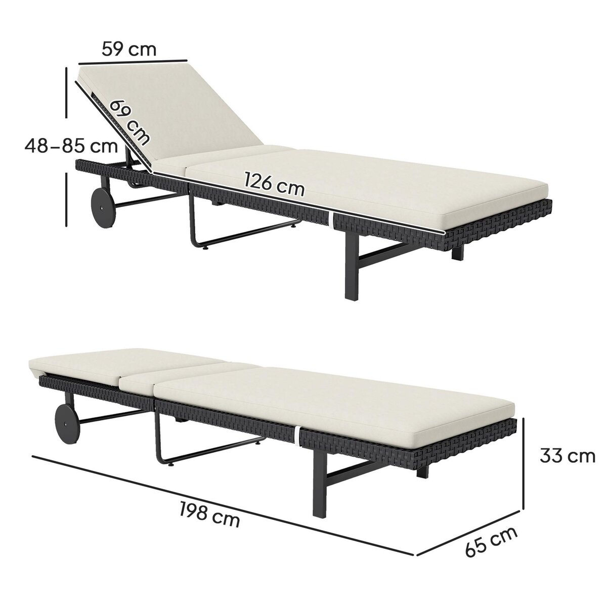OUTSUNNY Bain de soleil transat inclinable 2 roues - épais matelas intégré blanc cassé -  acier résine tressée noir