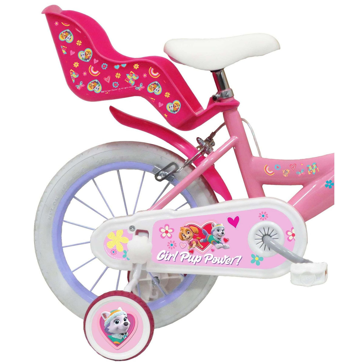 Nickelodeon Vélo enfant - Modèle 14''Pat Patrouille à l'effigie de Stella pour enfant de 95/110 cm avec stabilisateurs - Panier avant - Porte poupée arrière - 2 freins