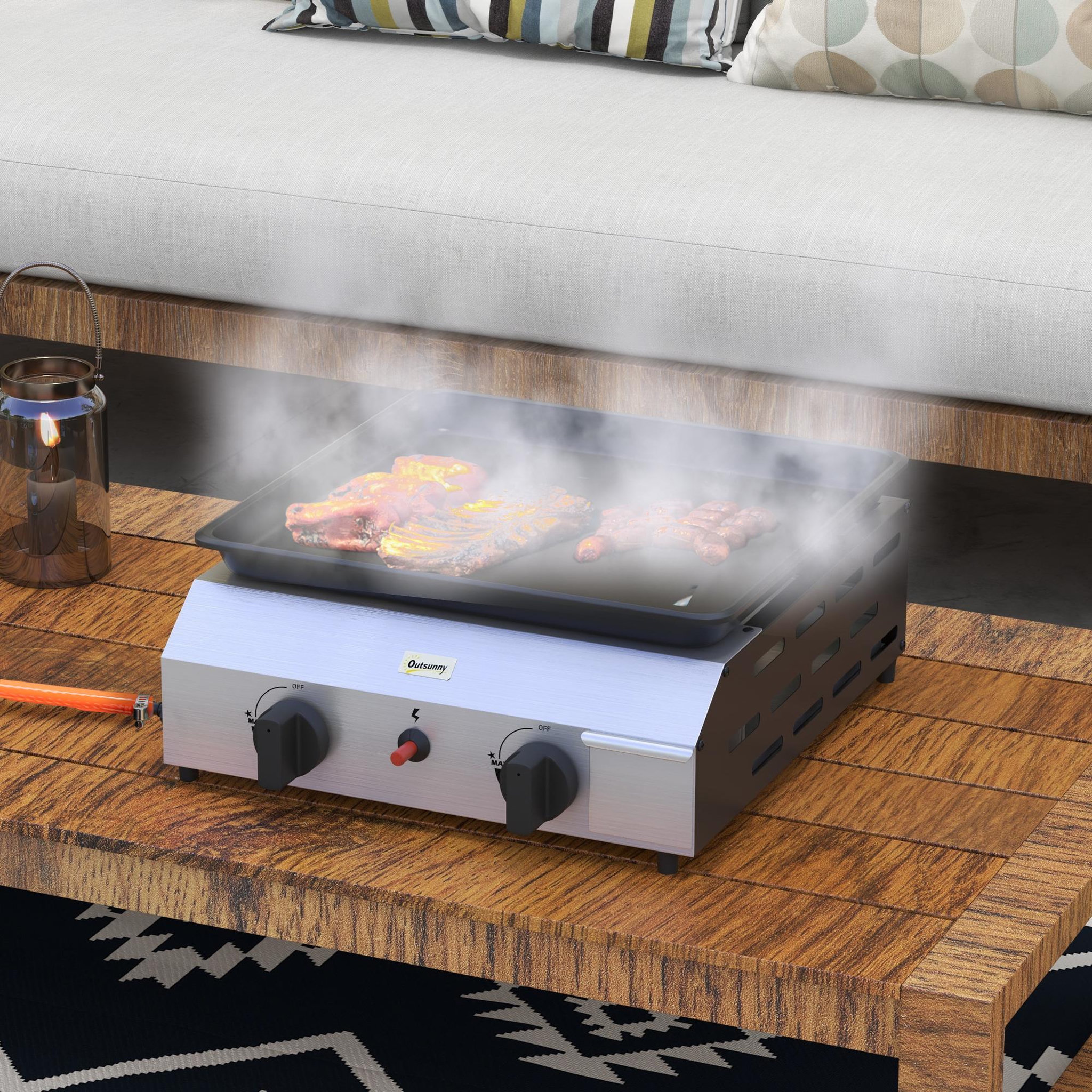 Voir la diapositive 2 : OUTSUNNY Plancha gaz portable antiadhésive 2 brûleurs 4,8 kW surface cuisson 40L x 34l cm acier inox émaillé