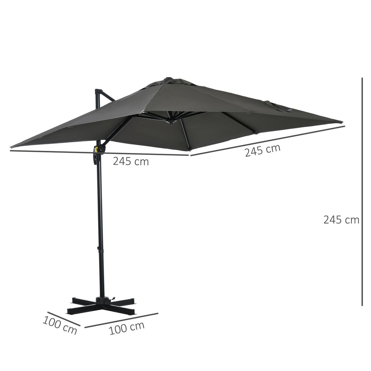 OUTSUNNY Parasol déporté carré inclinable manivelle avec pied en acier dim. 2,45L x 2,45l x 2,45H m métal alu. polyester haute densité gris
