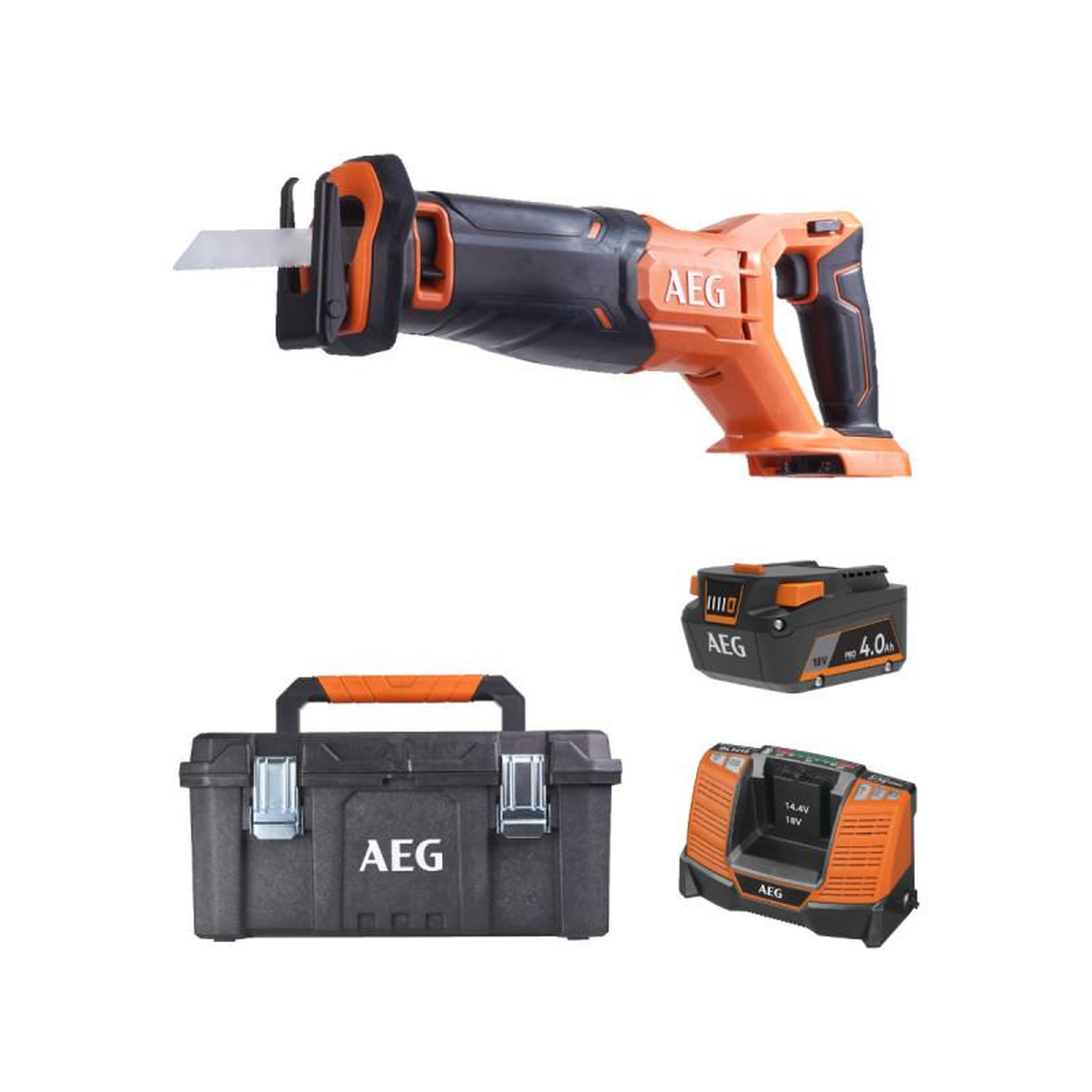 Voir la diapositive 1 : AEG Pack AEG 18V - Scie sabre 28 mm - Batterie 4.0 Ah - Chargeur - Caisse de rangement