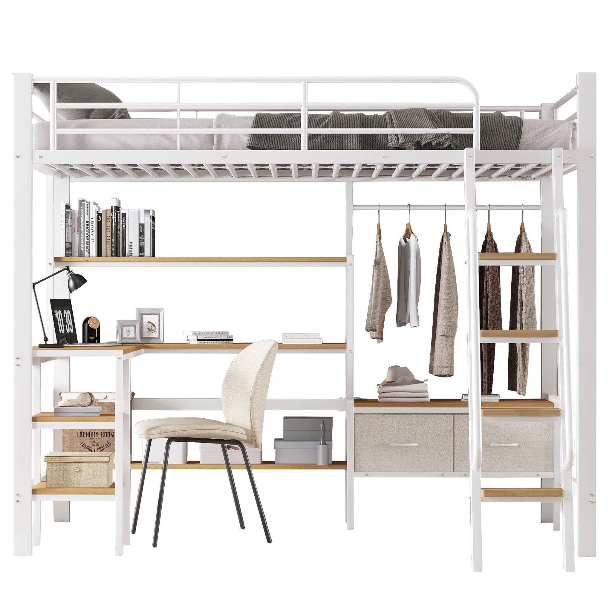 MERAX Lit mezzanine 90x200 cm avec bureau rangement étagère et échelle inclinée en métal blanc