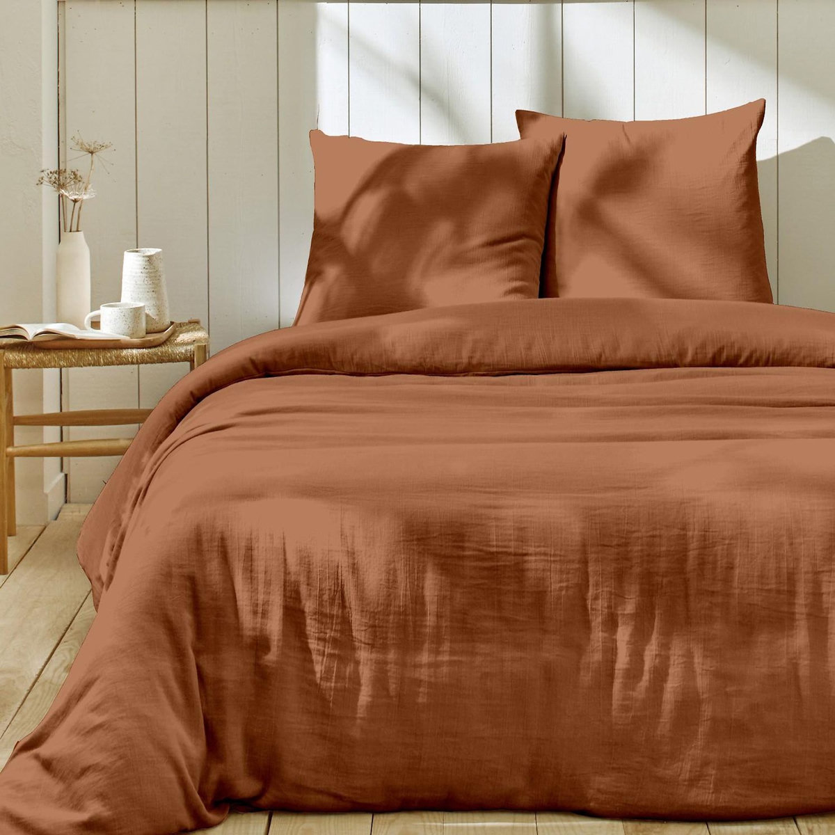 Home collection Parure housse de couette en gaze de coton - rose