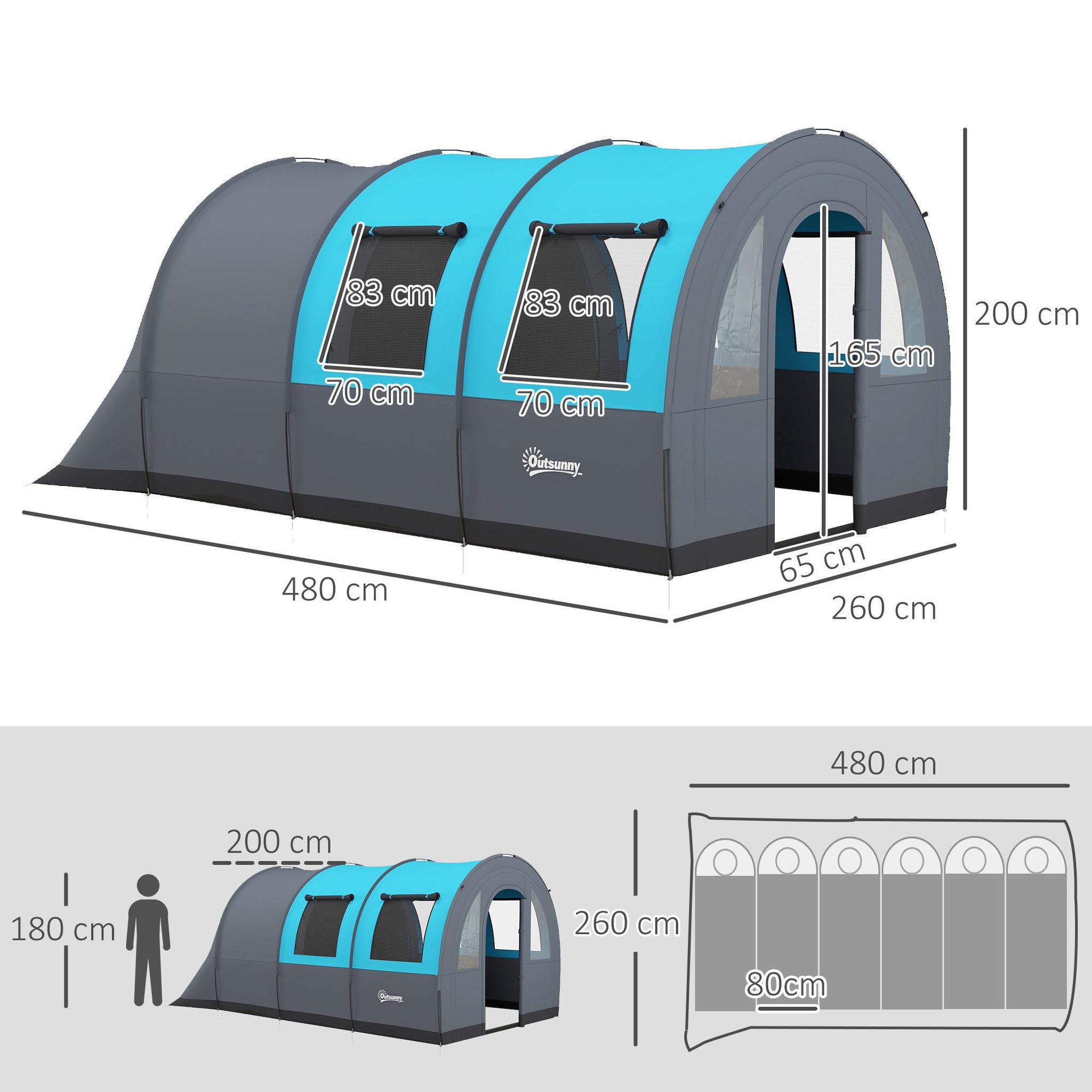 Voir la diapositive 3 : OUTSUNNY Tente de camping familiale 5-6 pers. Étanchéité 3000 mm - 2 portes, sac - bleu gris