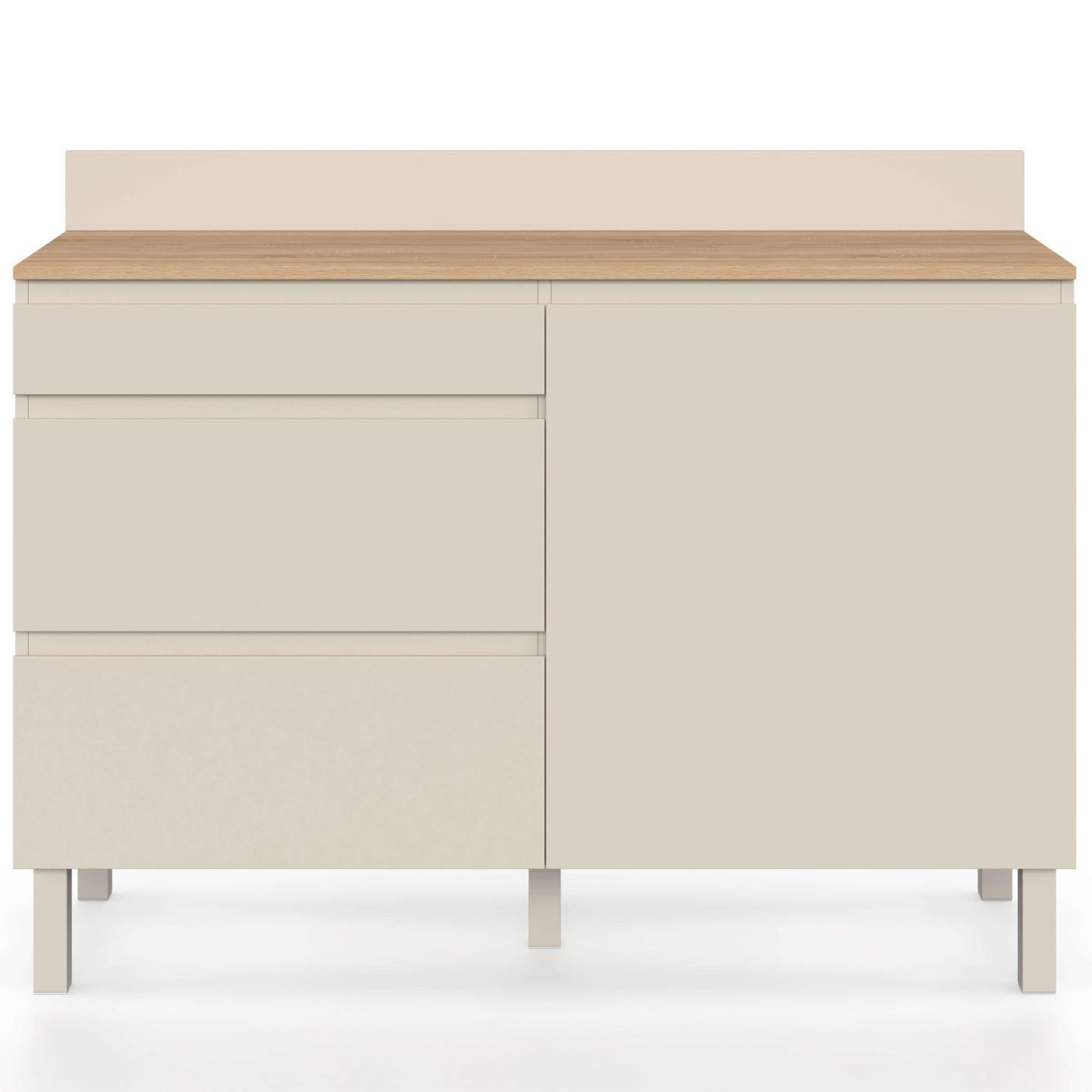 Voir la diapositive 4 : ID MARKET Buffet bas casserolier de cuisine 120 cm claude plan de travail effet bois h.83 cm 1 porte + 3 tiroirs beige